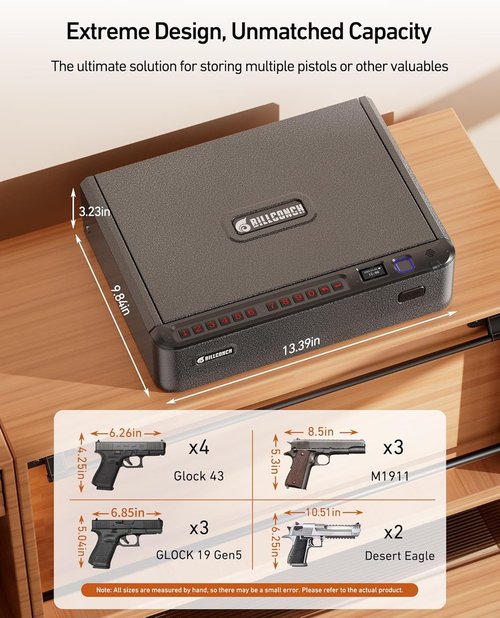BILLCONCH Smart Gun Safe - Biometric Handgun Safe with 4 Access Methods | LCD & Voice Guide, Ideal for Home & Car