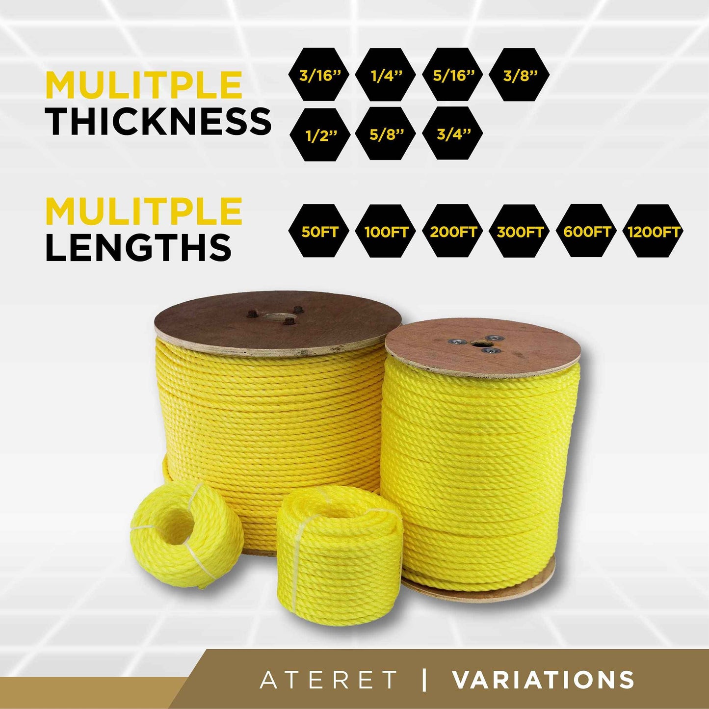 ATERET 3/8 Inch x 600 Feet Twisted 3-Strand Yellow Polypropylene Rope I 2,430 lbs. Tensile Strength I Lightweight & Heavy-Duty Synthetic Cord for DIY Projects, Marine, Commercial Use (3/8" x 600')