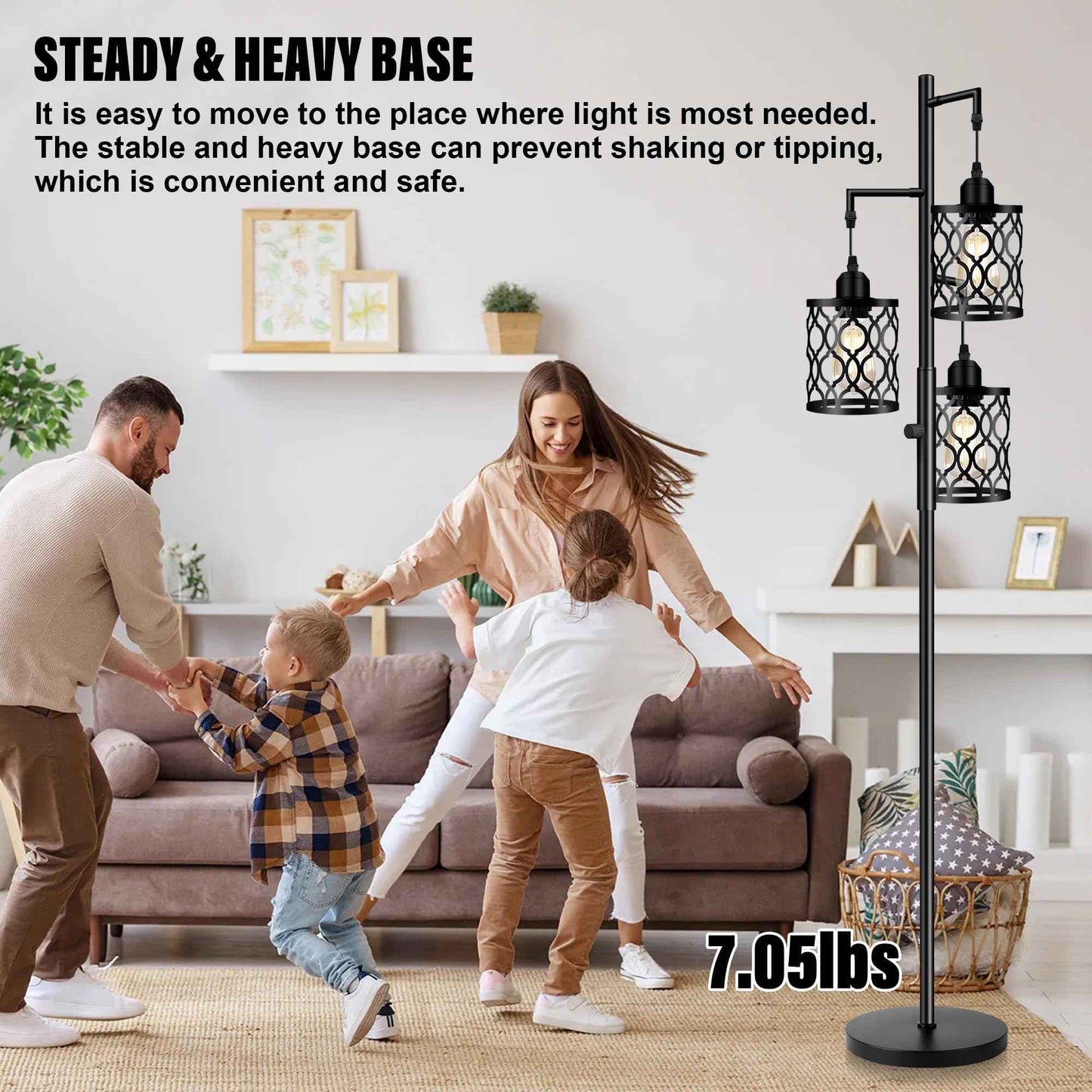 Dimmable Farmhouse Floor Lamp, Industrial Floor Lamp for Living Room with 3 X 6W LED Bulbs, 3 Light Rustic Standing Tall Lamp for Bedroom, Office, 68"