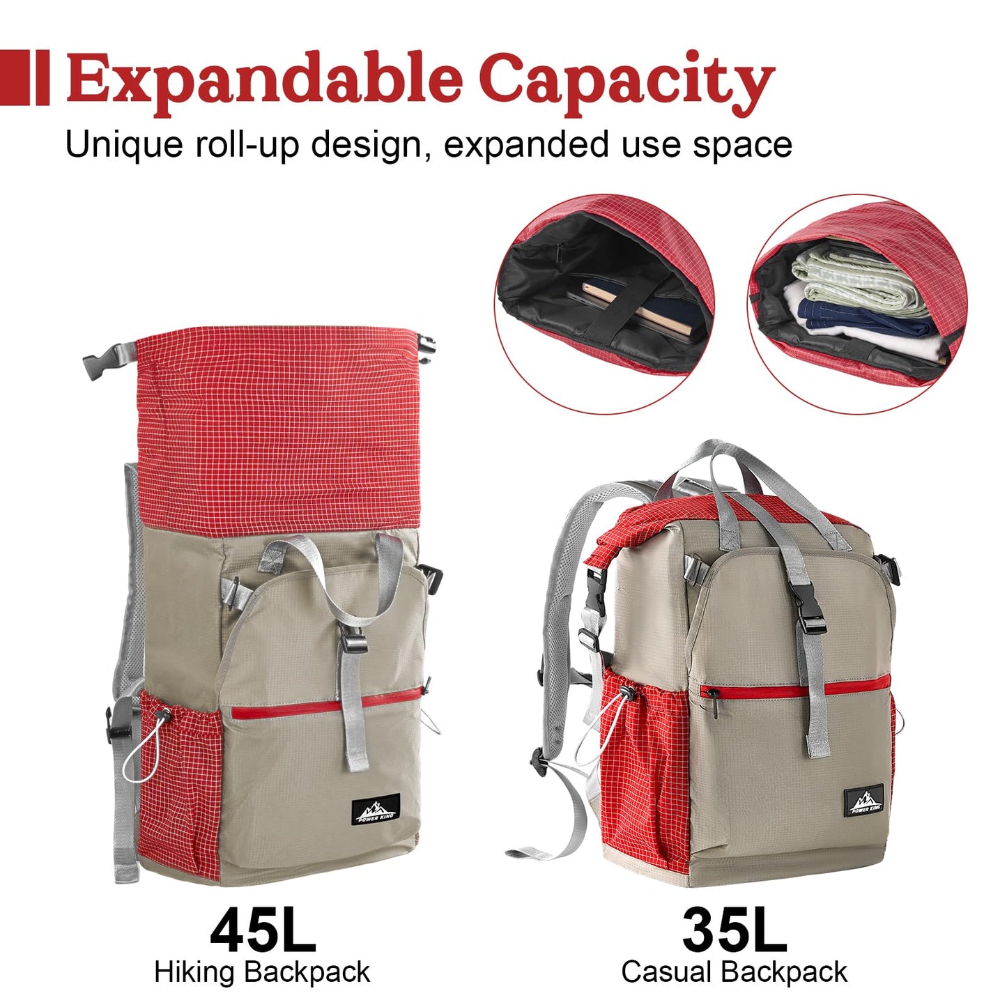 ROYAL MOUNTAIN Hiking Backpack for Men Women, 35L Water-Resistant & Lightweight UHMWPE Casual Daypack Backpacks, Large Capacity College Bookbag For College (Red)