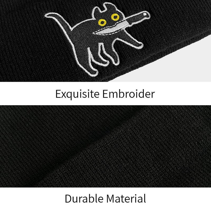 Funny Cat Beanies, Cute Gothic Cool Cat Knit Hat for Men and Women (Knife Cat)