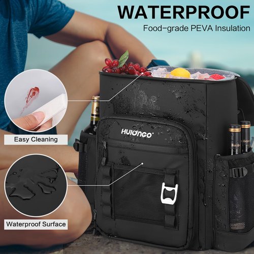 Hulongo Large 52cans Waterproof Insulated Cooler Backpack for Men & Women, Leak Proof Backpack Cooler, Soft, 8Gal (Black)
