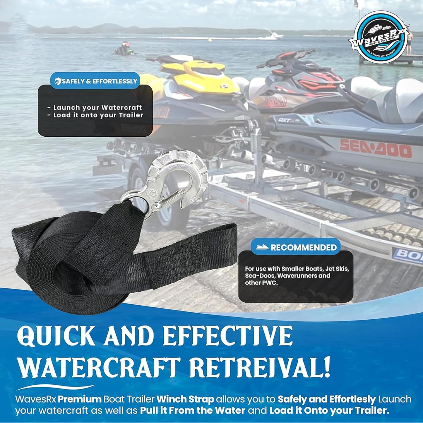 WavesRx Winch Strap Replacement for Boat & Jet Ski Trailers - Marine Grade SS 316 Alloy | Durable & Reliable