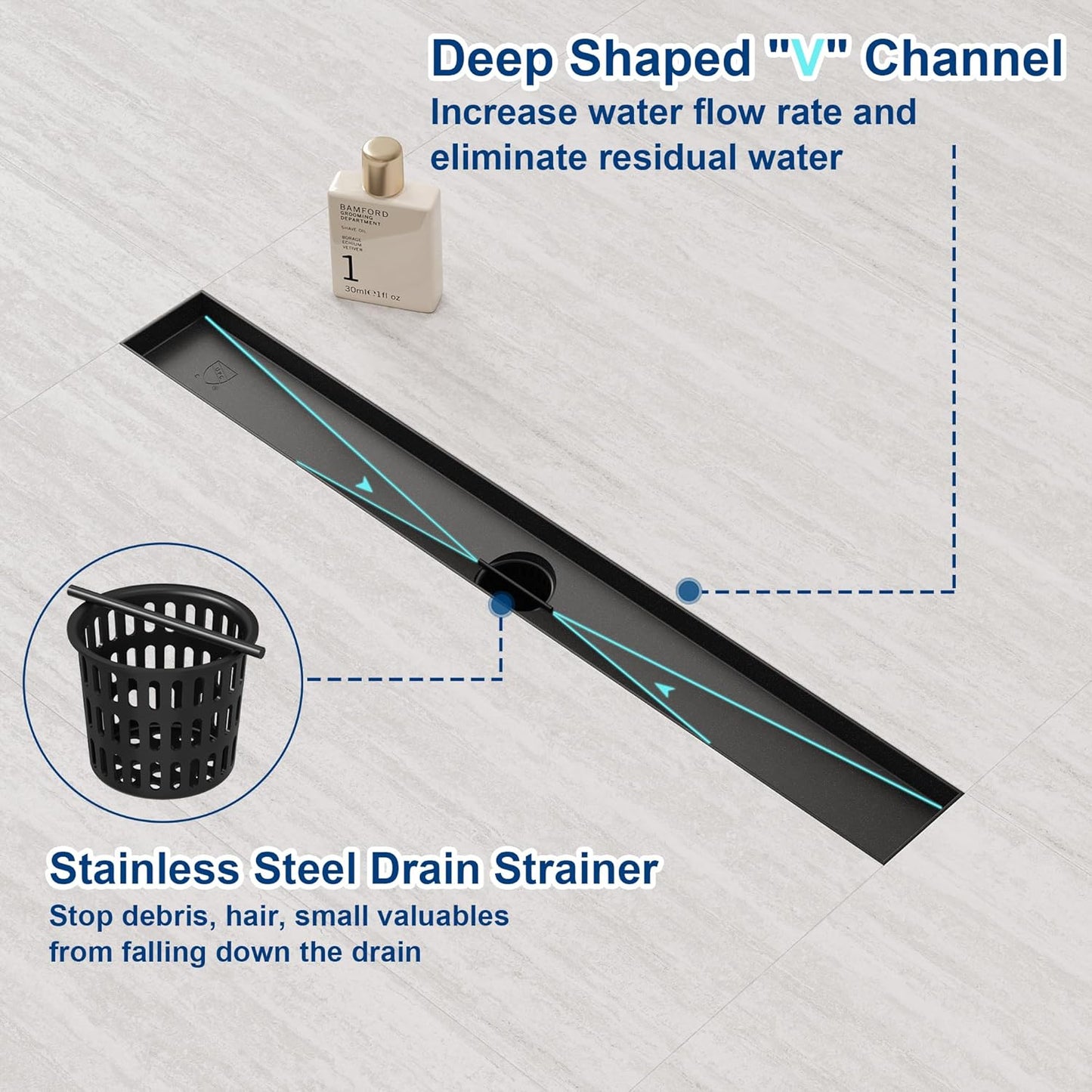 Neodrain 18-Inch Gold Linear Shower Drain - Brushed Brass, Tile Insert Cover & Hair Strainer