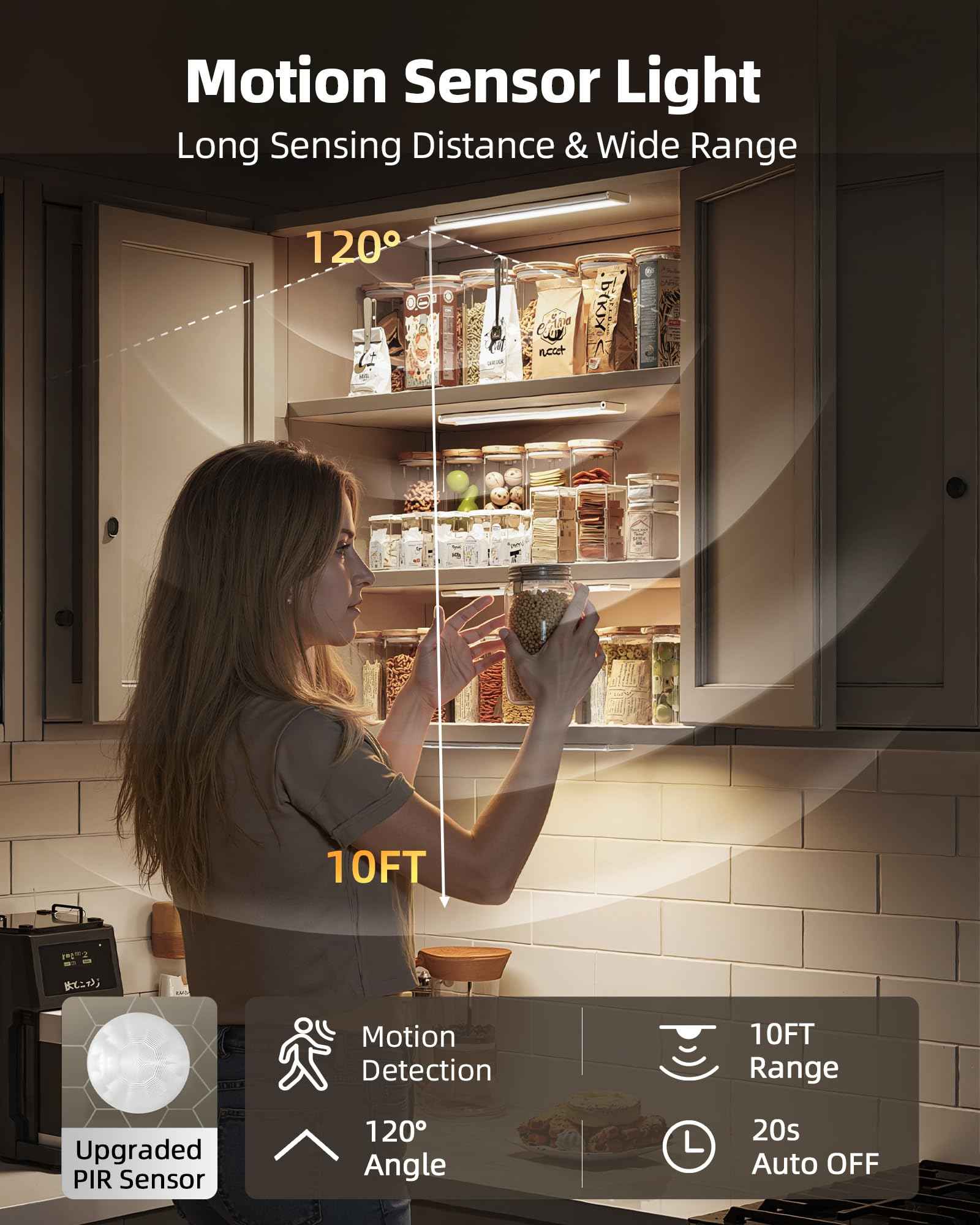 Under Cabinet Lighting, 12inch Rechargeable Motion Sensor Light Indoor, 1800mAh Battery Operated Closet Lights, with Dimmable & 3 Color Temps, Wireless Under Counter Lights for Kitchen,Stairs(6Pack) ﻿