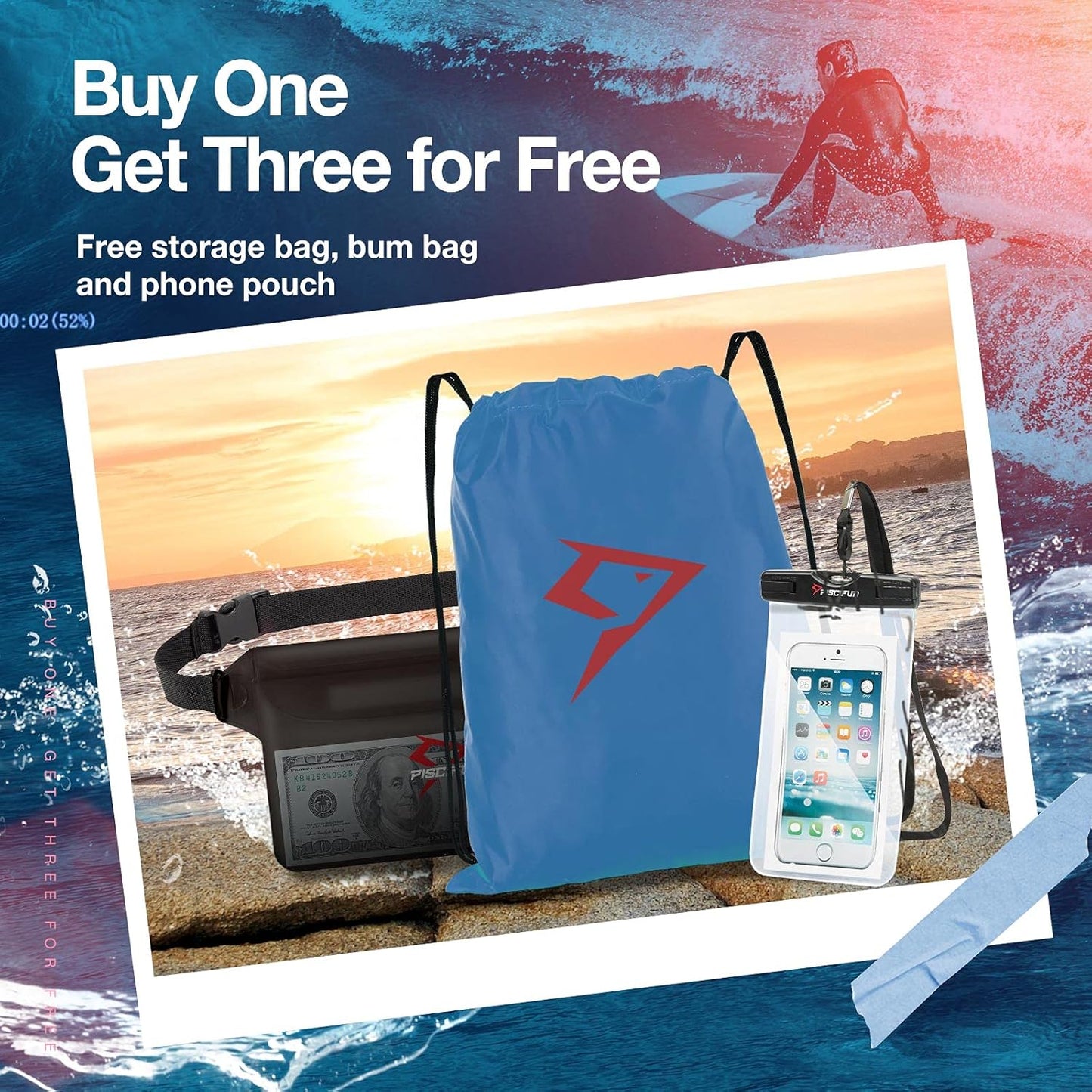Piscifun Waterproof Dry Bag - Lightweight Roll-Top Backpack with Waist Pouch & Phone Case | 10L, 20L, 30L Sizes