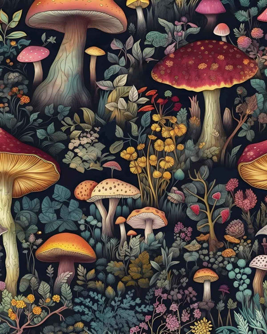 BOKEBEVE Black Colorful Mushroom Contact Paper Floral Wallpaper Peel and Stick Vintage Wall Paper for Backsplash Kitchen Cabinet Removable Waterproof 17.5 x 118In
