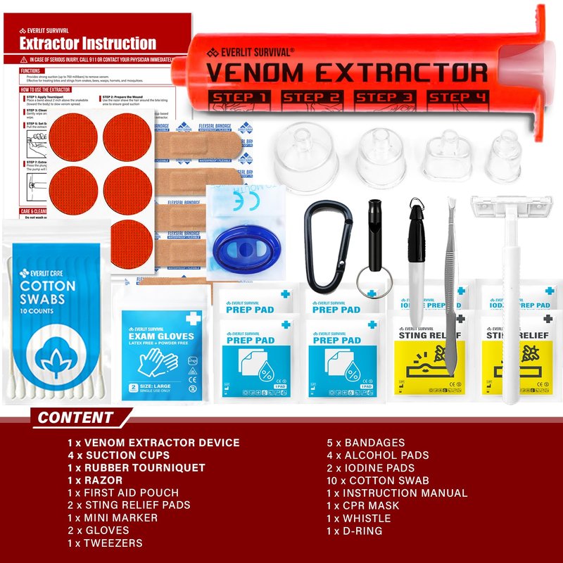 EVERLIT Bee Sting & Snake Bite Kit with Venom Extracto Pump, Essential First Aid Supplies, Insect Bug Outdoor Emergency Safety Kit for Hiking Backpacking Camping Fishing Travel