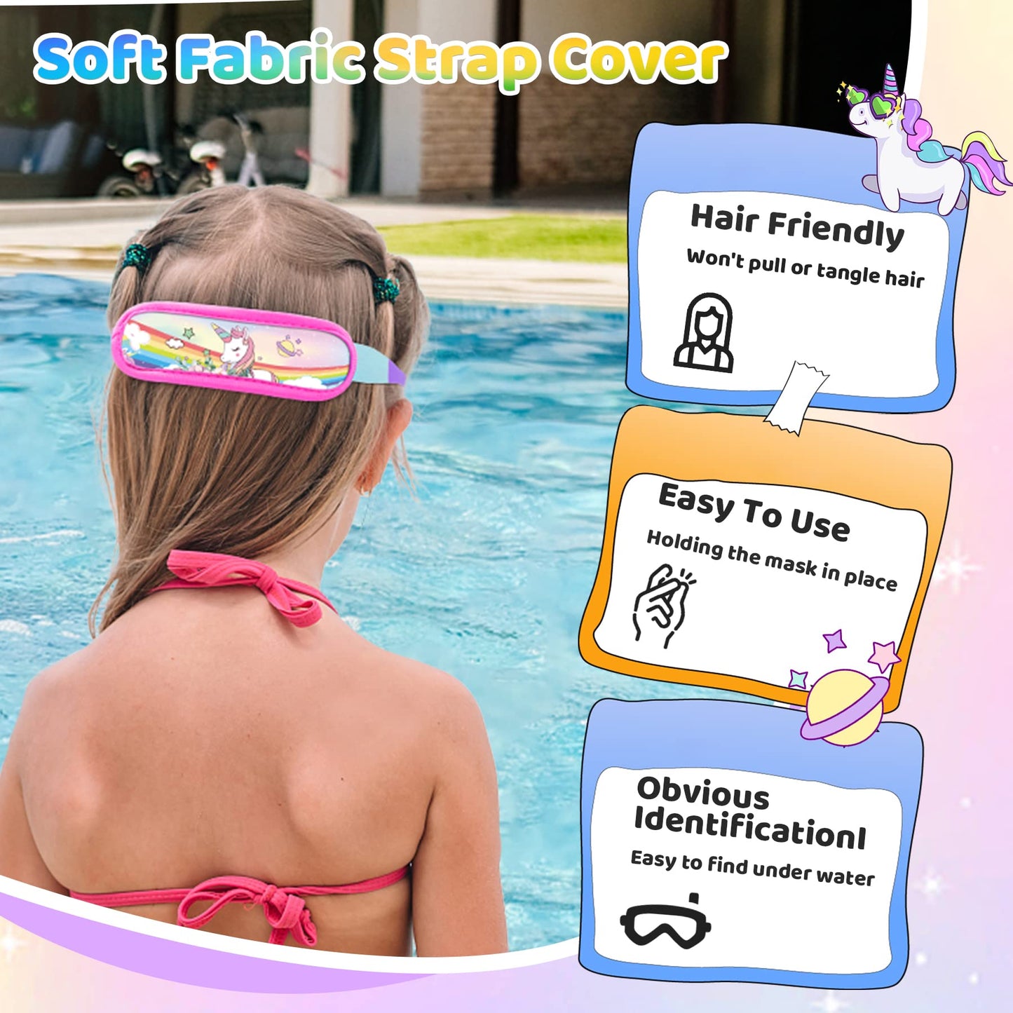 Vvinca Toddler Swim Goggles with Fabric Strap Cover, Rainbow Toddler Goggles 3-5 Year Old, Anti-Fog Clear View No Leak Girls Swimming Goggles No Tangle, Pain Free Water Pool Glasses
