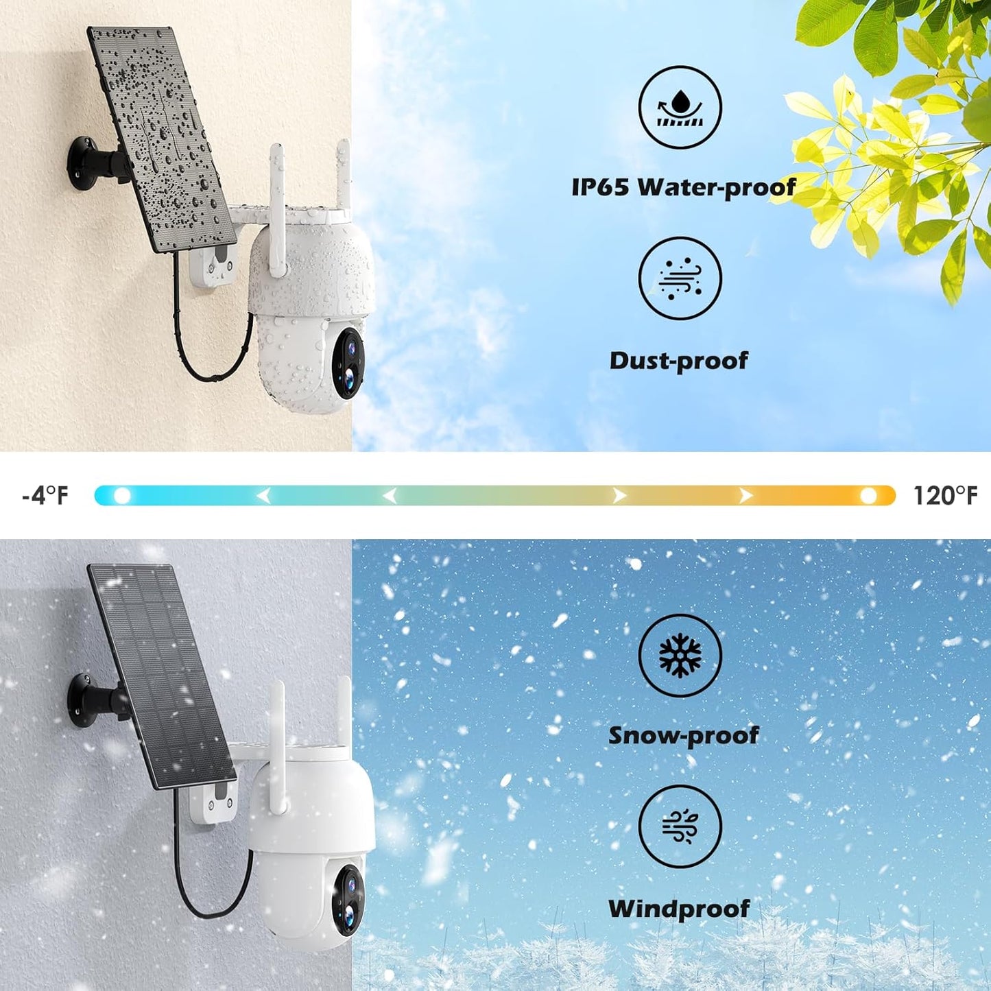 Wireless Solar Security Camera 2K 3MP PTZ - 355° View, Color Night Vision, IP65 Waterproof