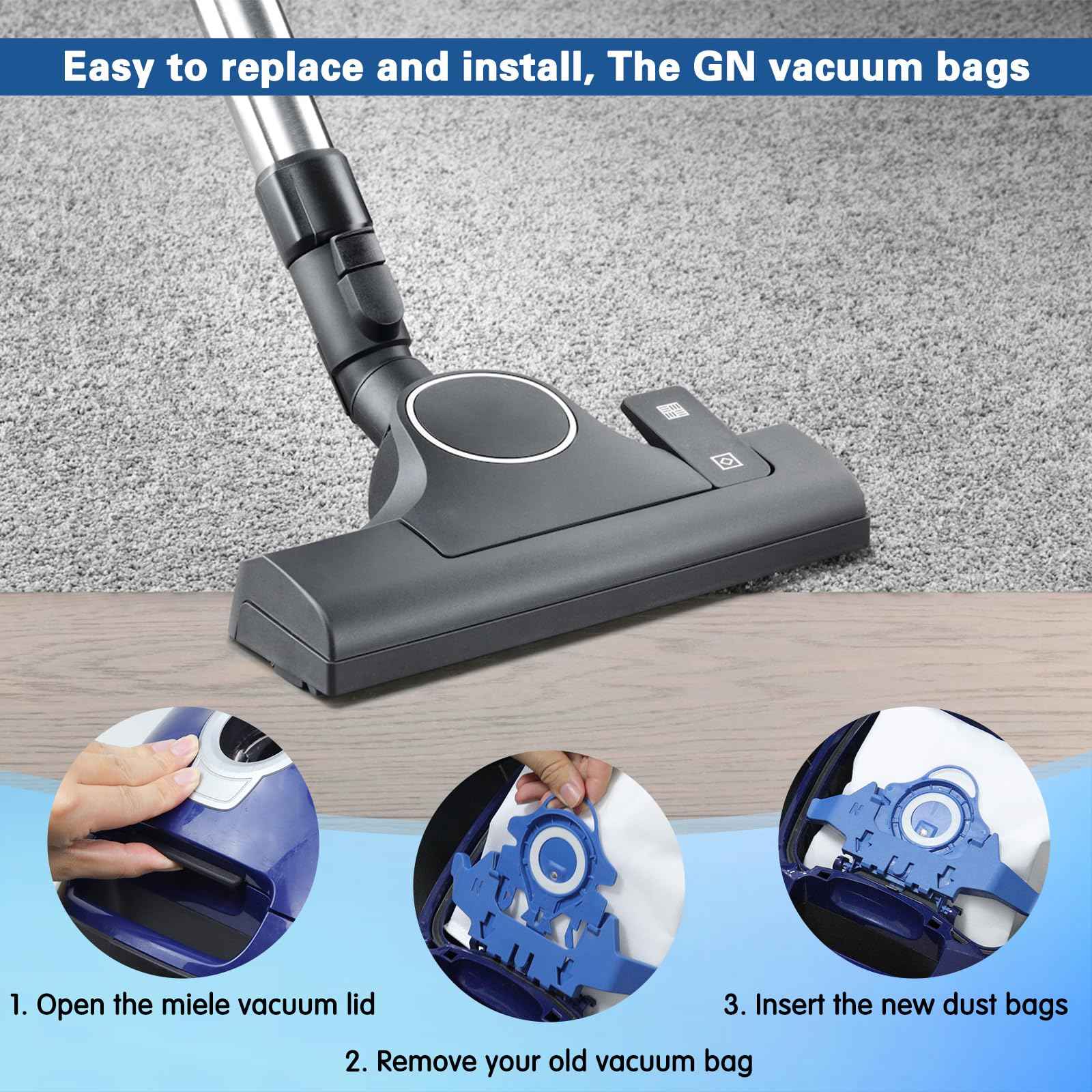 12 Pack 3D Airclean Dust Bags Compatible with Miele GN Vacuum Cleaner Bags for Classic C1 Complete C2 Complete C3 S2 S5 S8 S400i S600 S800 Series with 4 Motor Filters, 4 Exhaust Filters