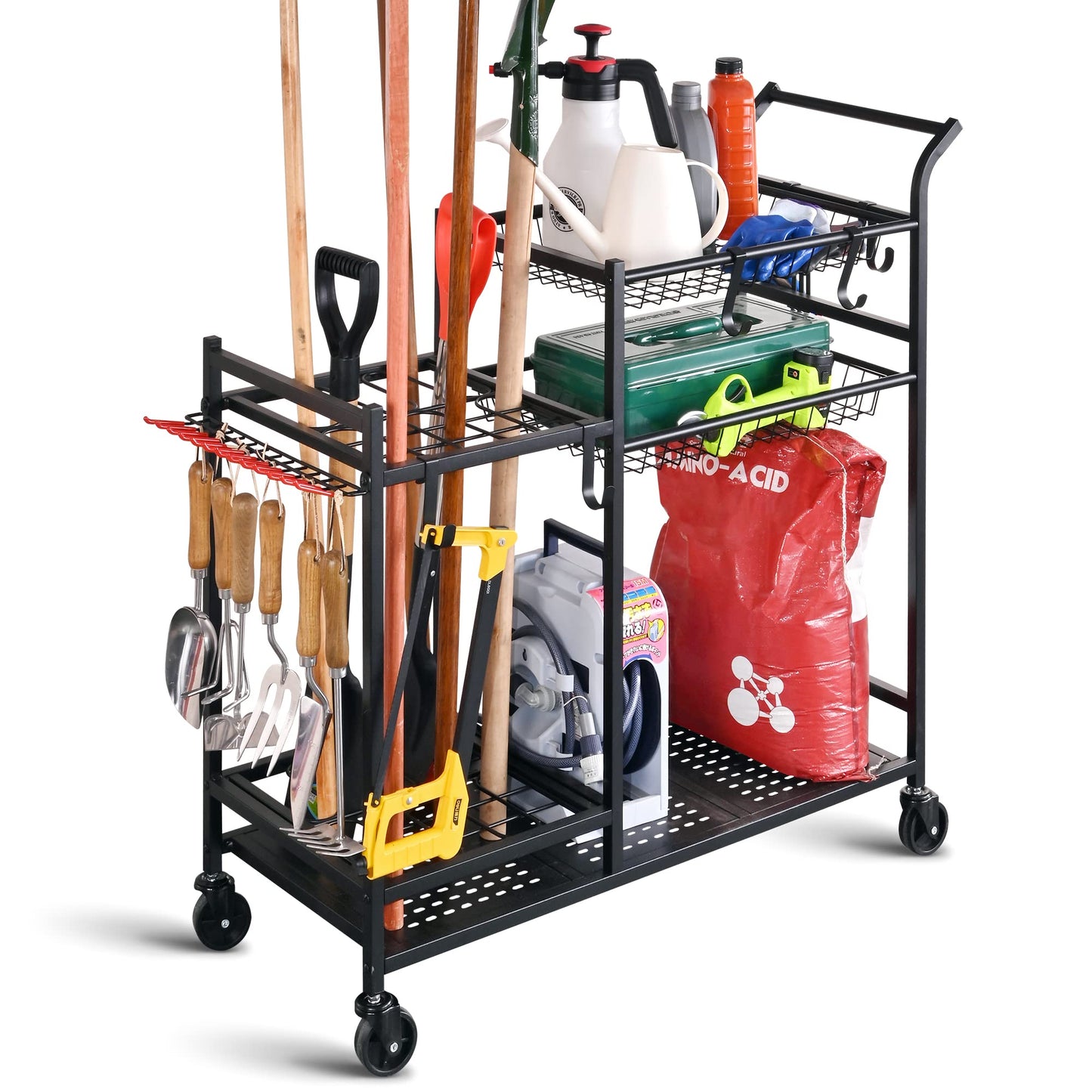 PLKOW Rolling Garden Tool Organizer with Shelves and Hooks, Black