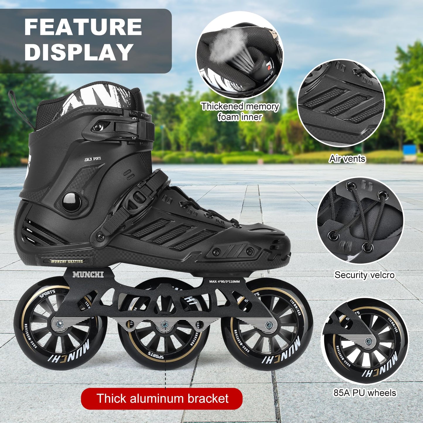 3 Wheel Inline Skates for Adult Women Men,Professional Outdoor Fitness 3X110 Mm Wheels Roller Skates Blades for Unisex (Black, Men 8/Women 9 41)