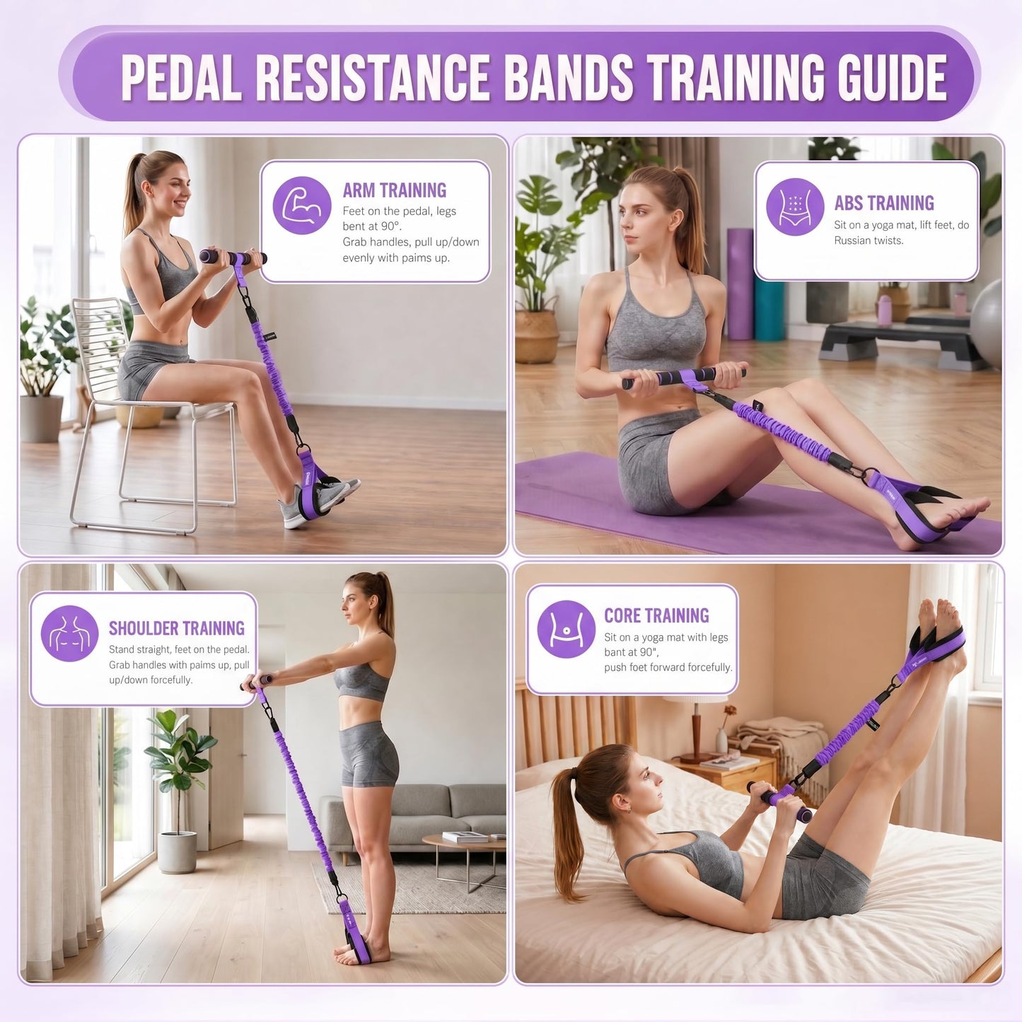 WHATAFIT Upgraded Multifunction Pedal Resistance Band with Handles, 3-Tube Adjustable Foot Pedal Exercise Band, Ankle Straps Included, for Abs Core Leg Arm Waist Full Body Workout Pink Purple