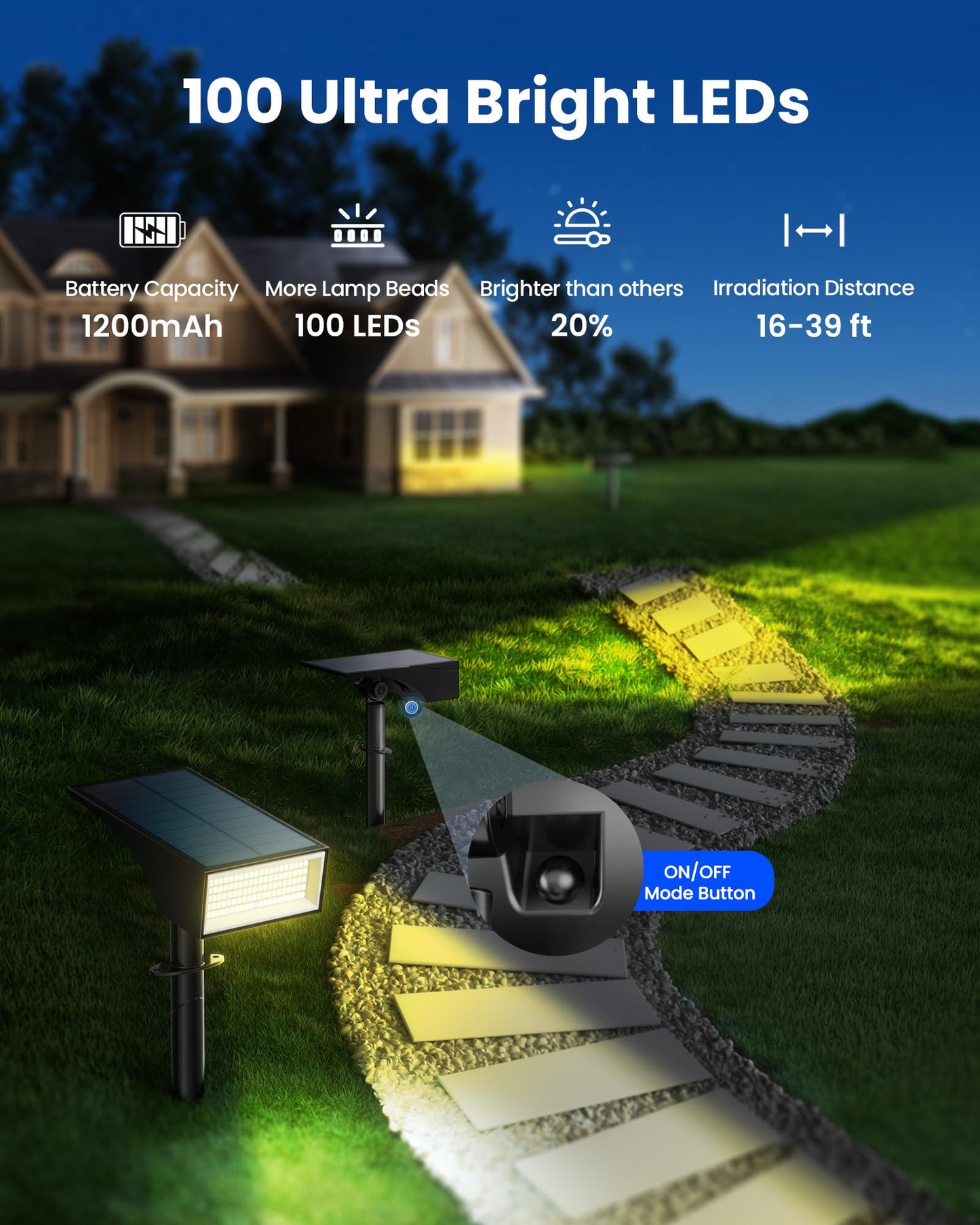 Koicaxy Solar Spot Lights Outdoor Waterproof IP65, 100 LEDs 4 Lighting Modes Landscape Spotlights for Yard, Garden, Pathway, Walkway, House, Warm White, 1 Pack