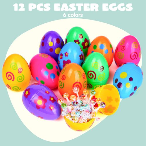 JOYIN 12 Pcs Large Printed Easter Eggs, 6 Inches Jumbo Plastic Eggs Fillable for Easter Themed Hunt Basket Stuffers Fillers Filling Treats Party Favor Classroom Prize Supplies
