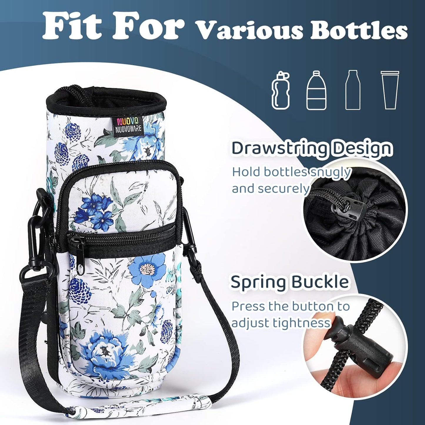 Nuovoware Water Bottle Carrier Bag - Adjustable Neoprene Sleeve with 2 Pockets | Fits 25oz, 40oz, 64oz Bottles