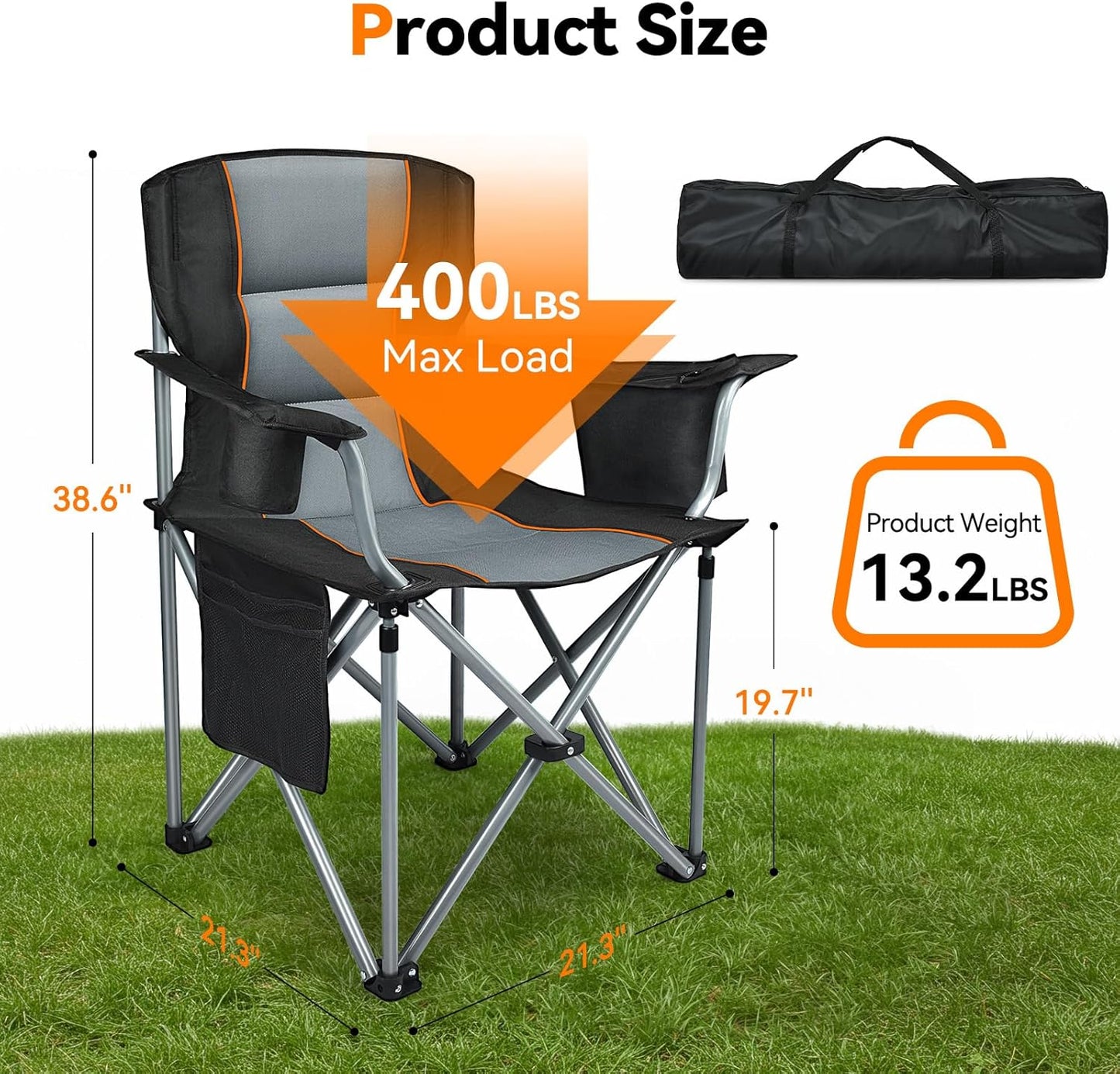 Skiennix Camping Chairs - 2 Pack Oversized Heavy Duty Folding Chairs with Cup Holder & Cooler Bag | Supports 400 LBS
