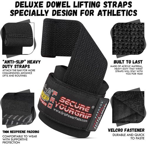 Gym Lifting Dowel Straps Neoprene Padded Wrist Wraps for Weight Training, Bodybuilding & Fitness – Wrist and Grip Support, 2 Pack (Black)