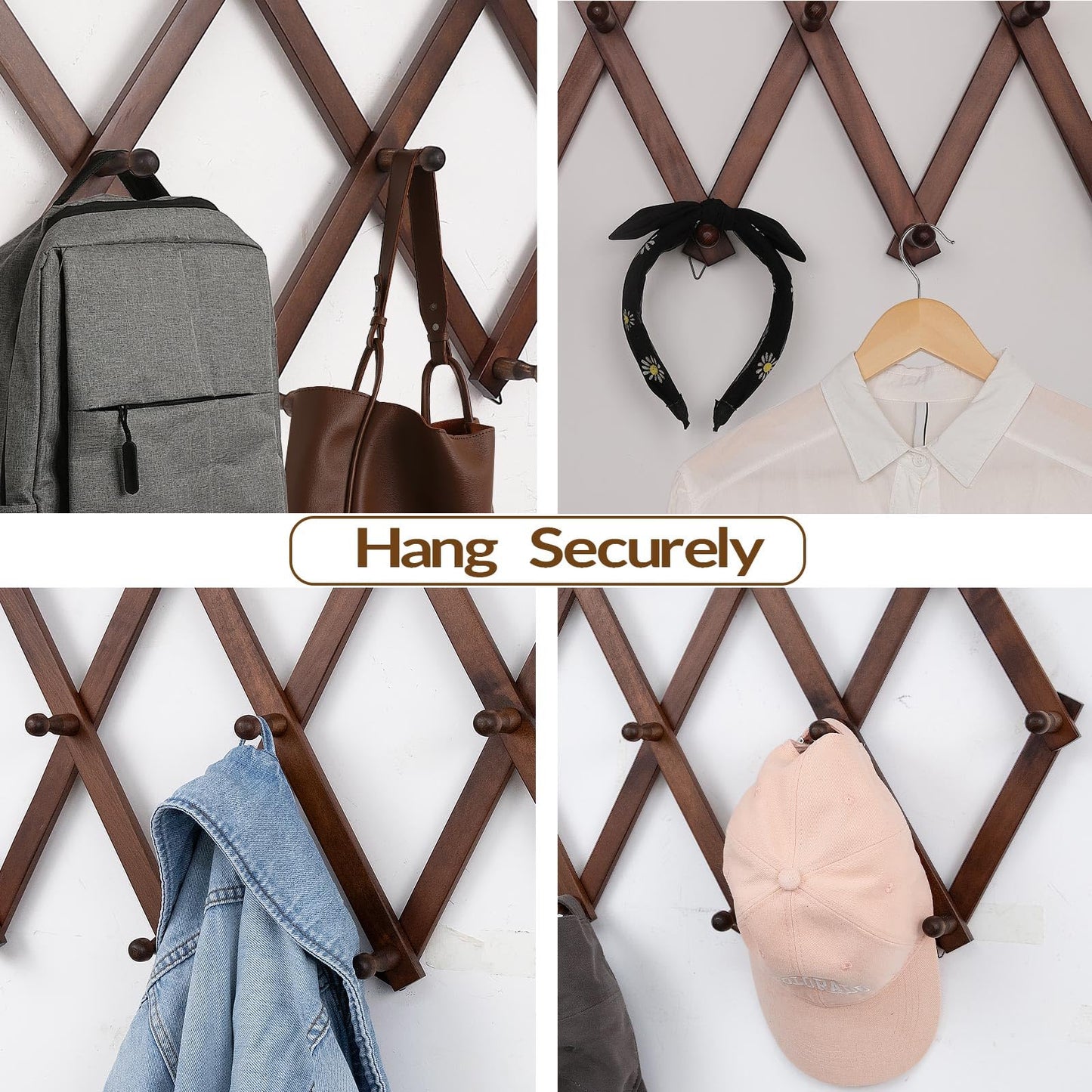 SCUNDA Wall Rack with 10 Hooks, Wooden Wall Expandable Coat Rack for Coat, Hats, Baseball Caps, Coffee Mug, Jewelry(Brown)