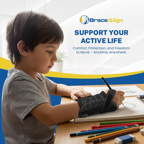 Brace Align Kid’s Lace-Up Wrist Brace - Immobilization for Sprains, Strains, Carpal Tunnel & De Quervain’s PDAC L3908 - Left Wrist - Fits 4-5.5 in Wrist Circ.