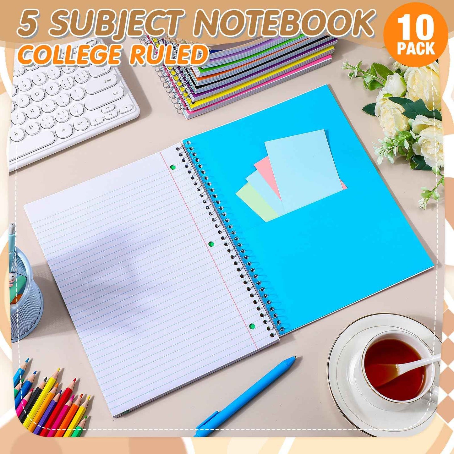 Fulmoon 10 Pcs 5 Subject Notebook Spiral Notebooks for School Office Hardcover Spiral Lined Notebook for Work, 240 Pages/ 120 Sheets, 8 x 10-1/2", 3 Hole Punched, 4 Removable Dividers (9/32 inch)
