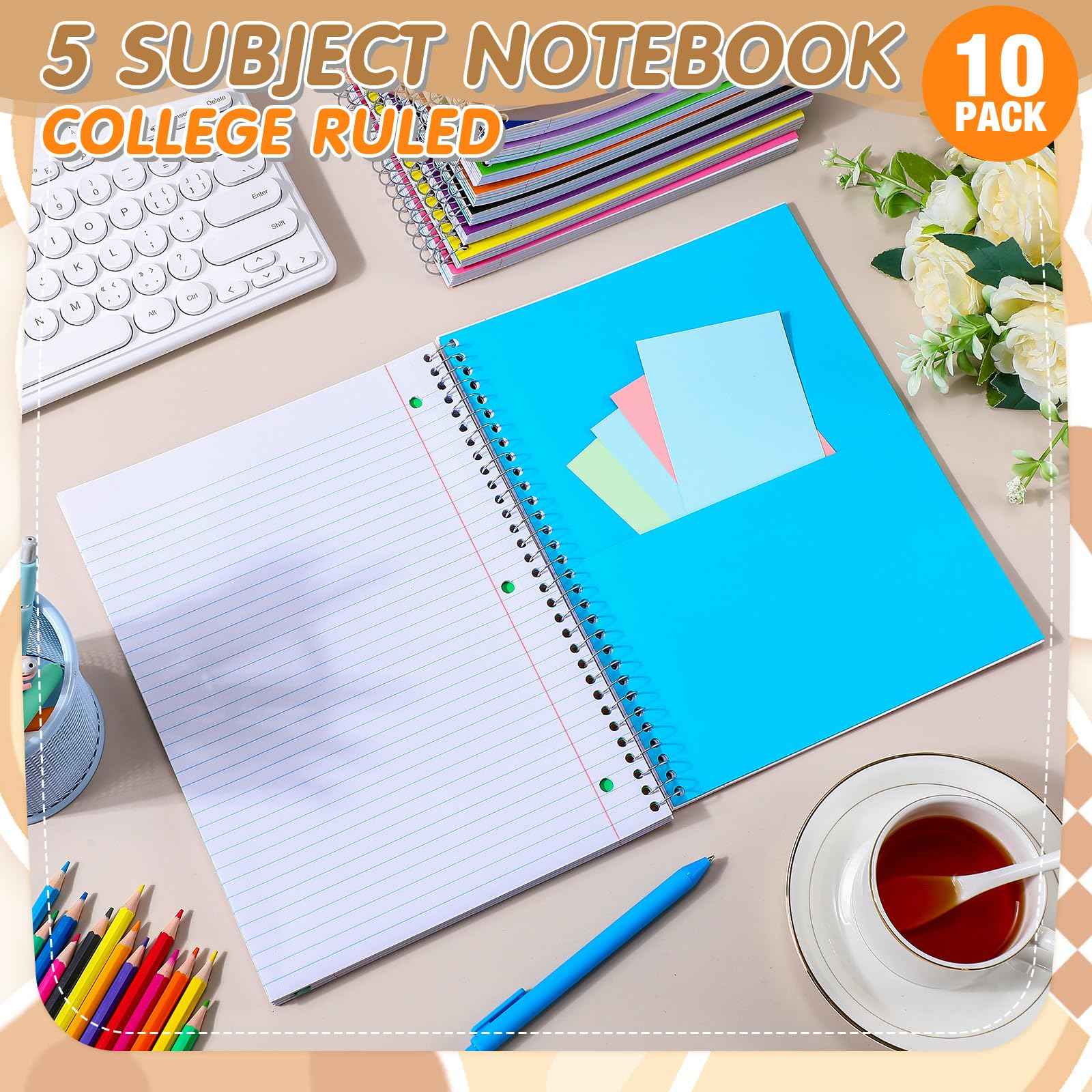 Fulmoon 10 Pcs 5 Subject Notebook Spiral Notebooks for School Office Hardcover Spiral Lined Notebook for Work, 240 Pages/ 120 Sheets, 8 x 10-1/2", 3 Hole Punched, 4 Removable Dividers (9/32 inch)