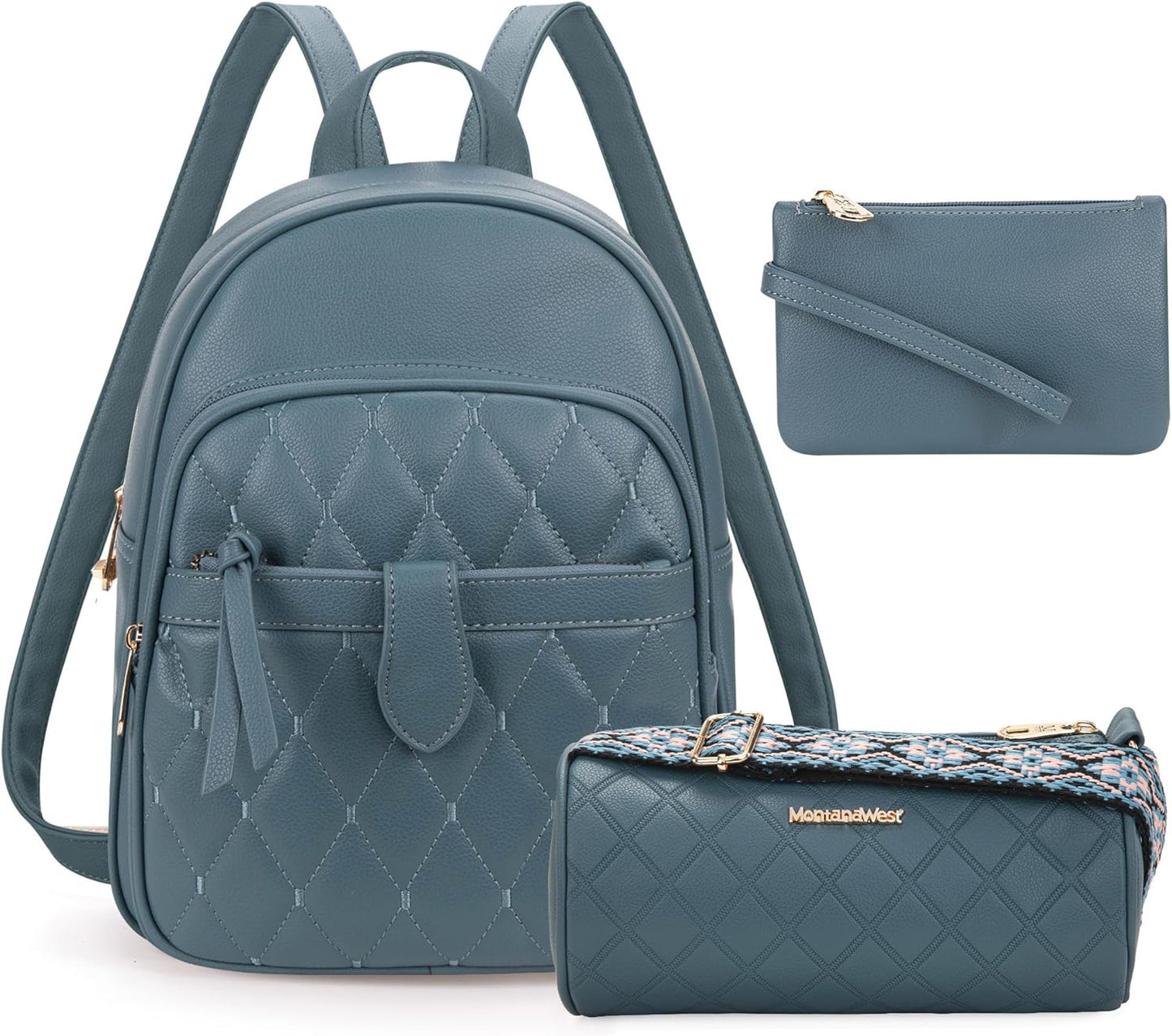 Montana West Anti-Theft Backpack Purse Set - 3Pcs Small Quilted Design for Women