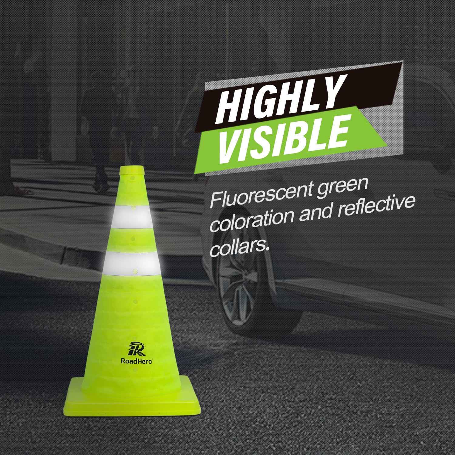 RoadHero 18 Inch 2 Pack Collapsible Traffic Safety Cones, Lime Green Pop-up Cones with Reflective Collar for Road Safety, Driving Training, Parking Lots
