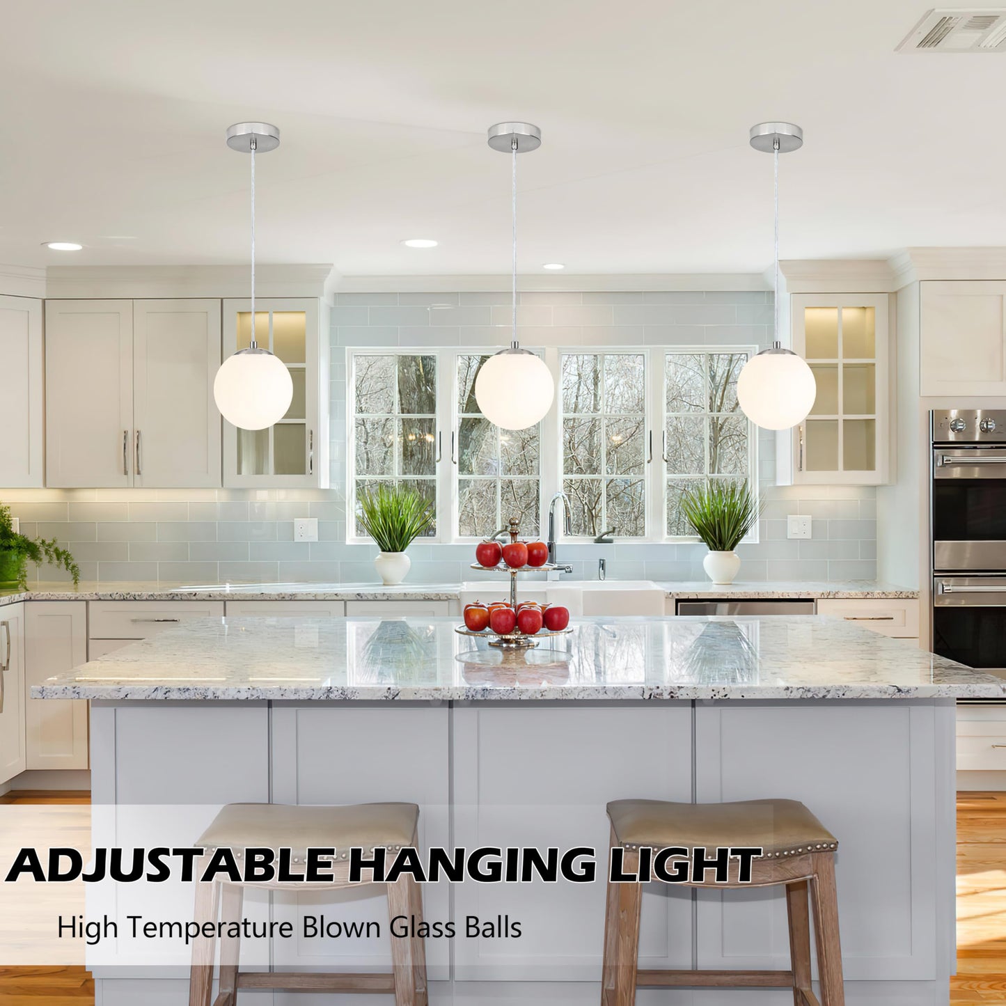 KoKo&Yukina 6 Inch Globe Pendant Light Nickel Globe Pendant Lights Kitchen Island Mid Century Light Fixture with Milky White Glass Shade for Dining Room (2 Pack)