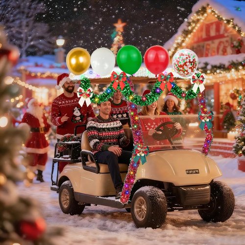 LAIAMER 48Pcs Christmas Golf Cart Decoration Kit, Parade Golf Cart Christmas Decoration Kit - Lights String/Xmas Wreath/Bow/Red Green White Tinsel Garland/Balloons with Glue for Xmas Carts Decor