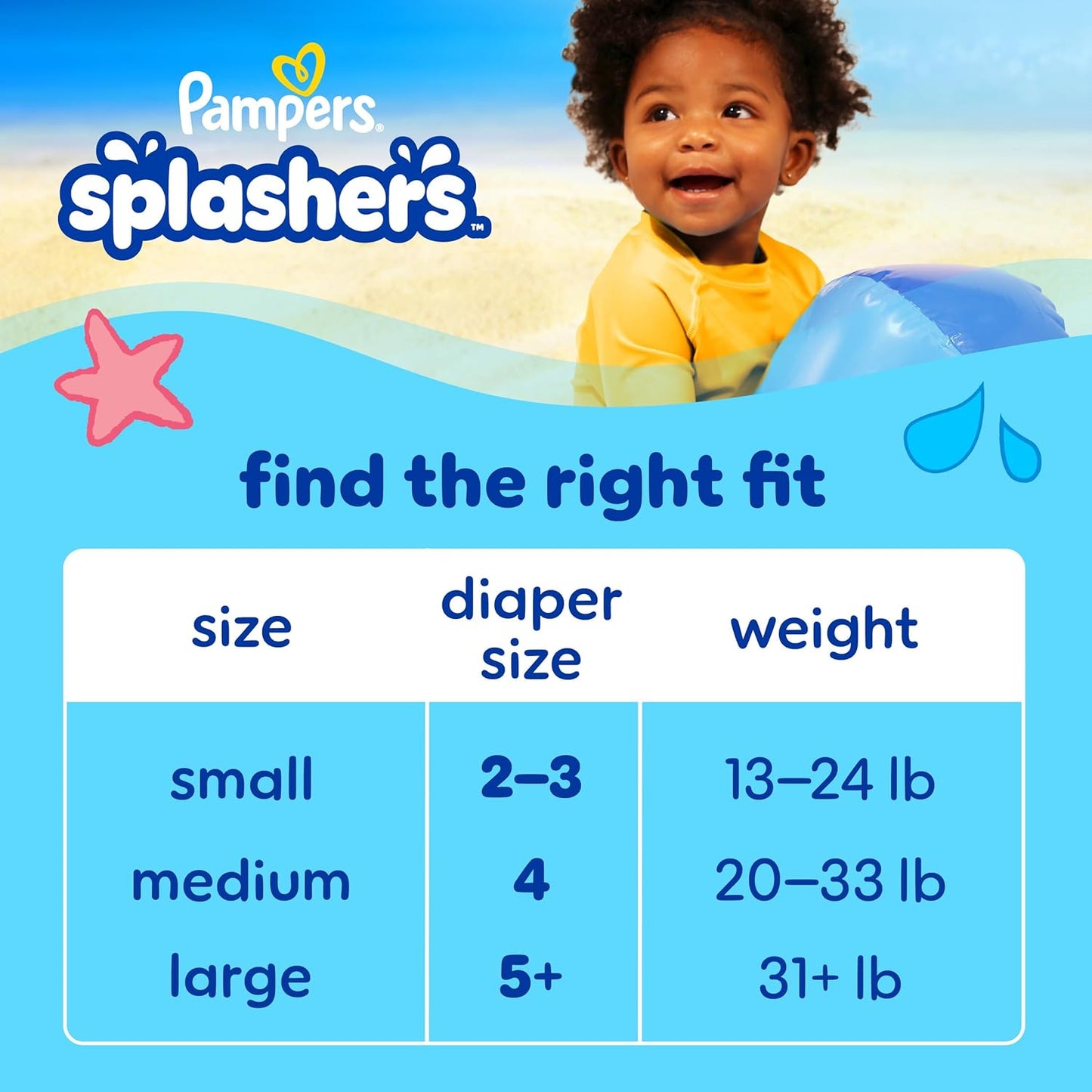 Pampers Swim Diapers - Splashers - Gap-Free Disposable Baby Swimming Pants, Size 2-3, 20 Count