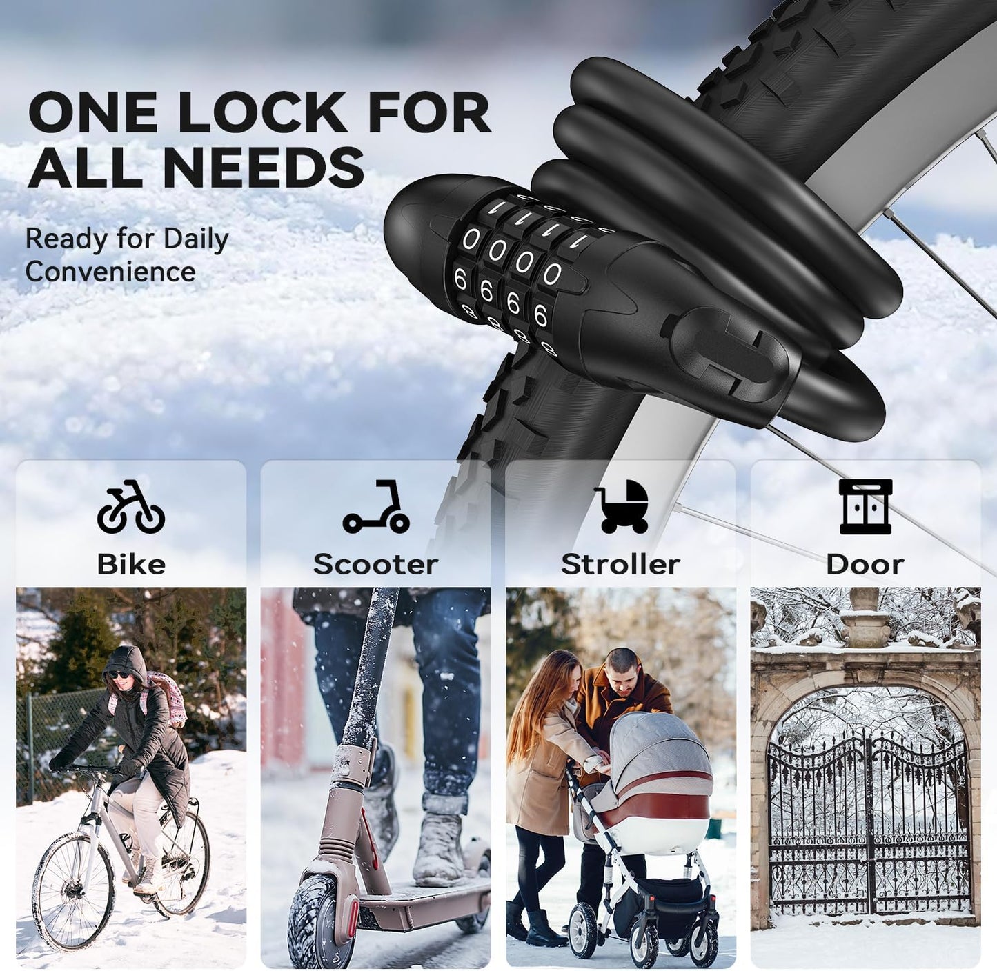Sportneer Bike Lock - 4-Digit Combination, Weatherproof 12mm Heavy Duty Steel - 4ft Cable for Bikes & Scooters