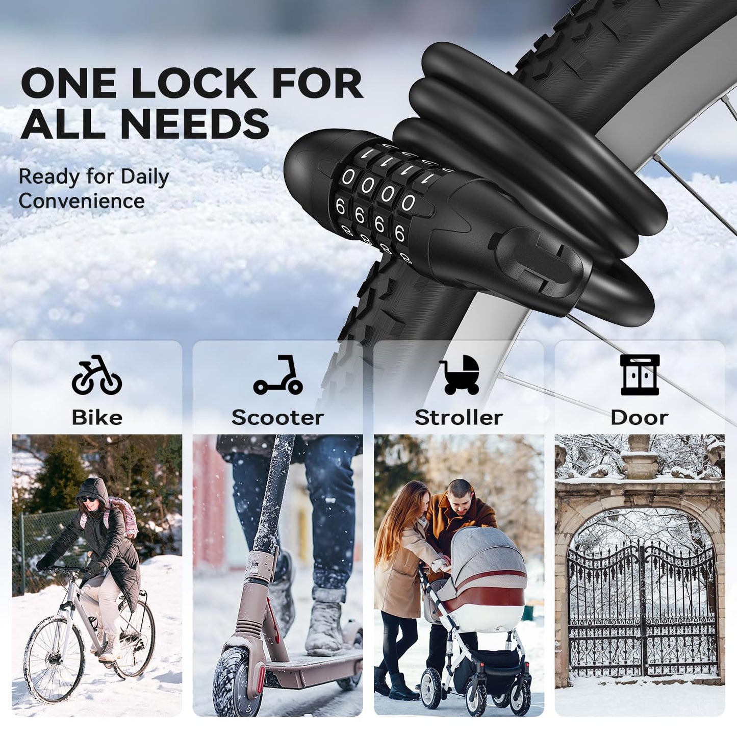 Sportneer Bike Cable Lock with 4-Digit Combination, TPU Anti-Freeze & Weatherproof 12mm Heavy Duty Steel Bike Lock, Bicycle Lock with Mounting Bracket for Bikes Scooters Strollers Outdoor Use - 4ft