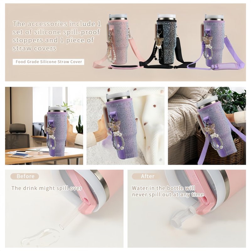 Water Bottle Carrier Bag for Stanley 40oz Tumbler - Stanley Cup Belt Bag with Adjustable Strap, Straw Cover & Pearl Bracelet - Stanley Cup Accessories(Purple Diamond Pro)