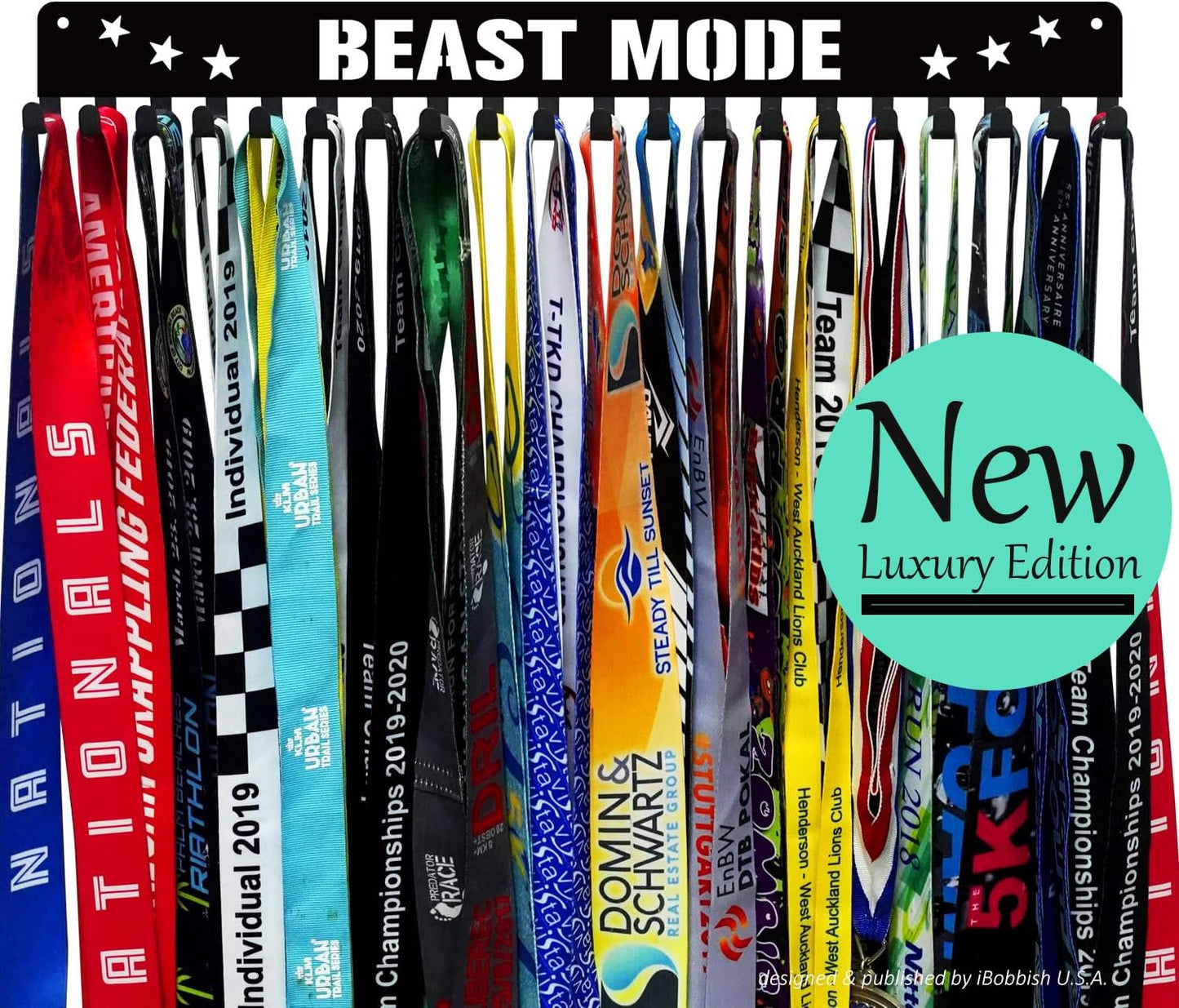 Premium Medal Display Hanger - Never Give Up Design with 20 Hooks | 16-Inch Wall-Mounted Medal Holder for Gymnastics, Race, Soccer, Swim