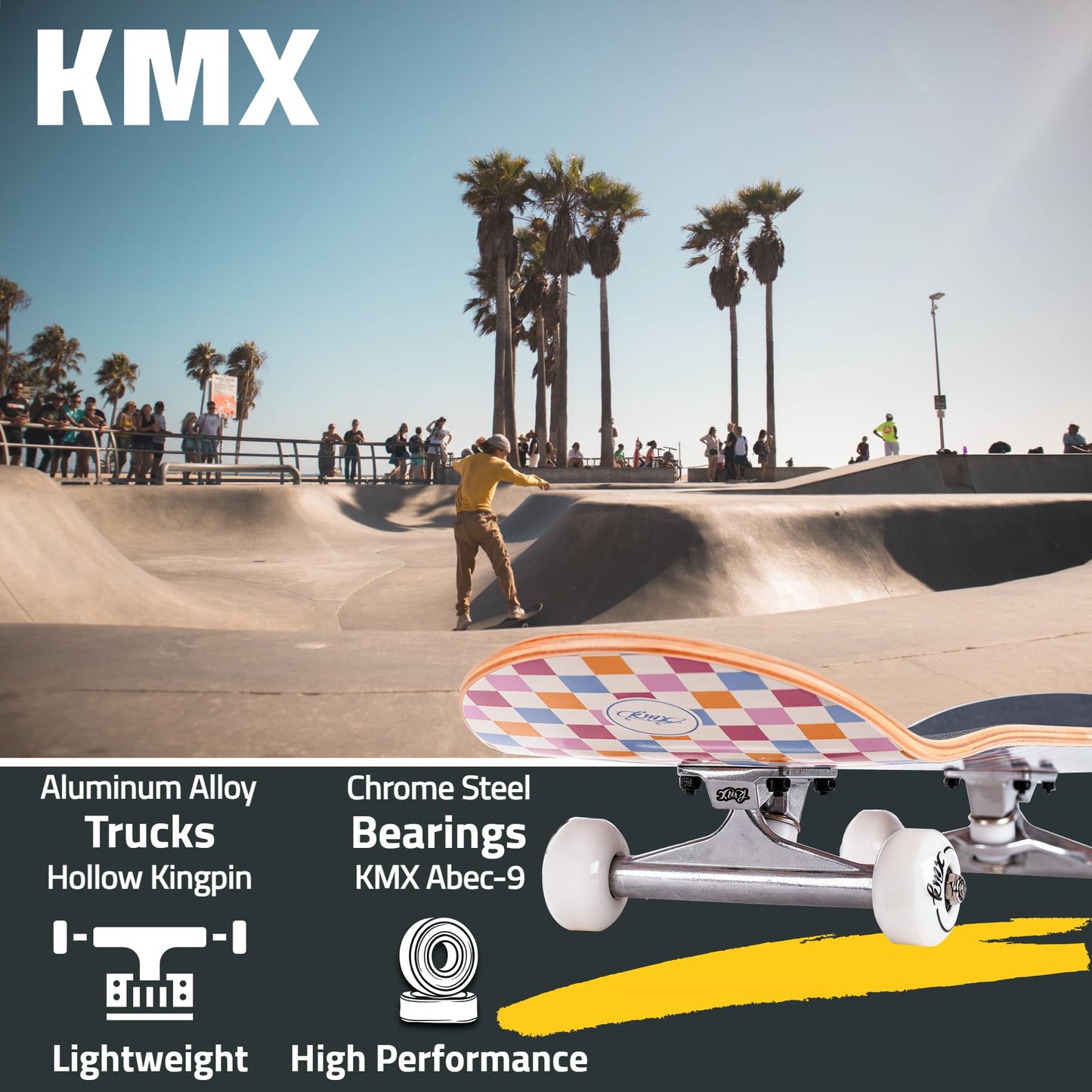KMX Complete 31" x 8" Skateboard for Beginners, 7-Layer Canadian Maple Double Kick Concave Deck| Aluminum Alloy Trucks | 31 Inch Pro Skate Board for Girls, Kids, Teens, Adults(Pink Checker)