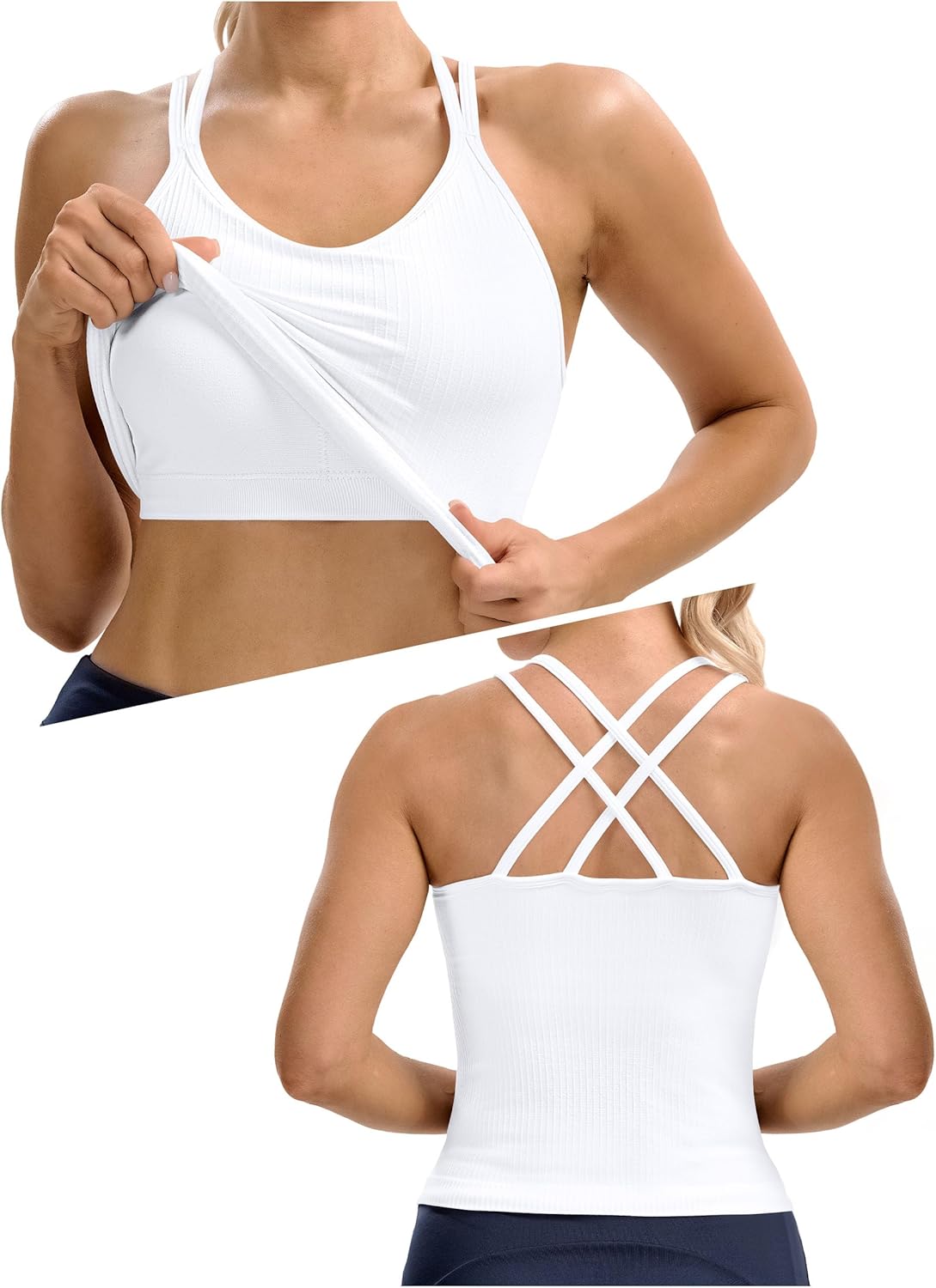 Skiennix Seamless Ribbed Workout Tank - Built-In Bra, V-Neck Crisscross Back Yoga Top for Women