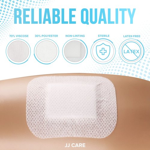 JJ CARE Adhesive Island Dressing [Pack of 50], 4x4 Sterile Bordered Gauze, Breathable Island Wound Dressing, Individually Wrapped Adhesive Gauze Bandages with Non-Stick Central Pad