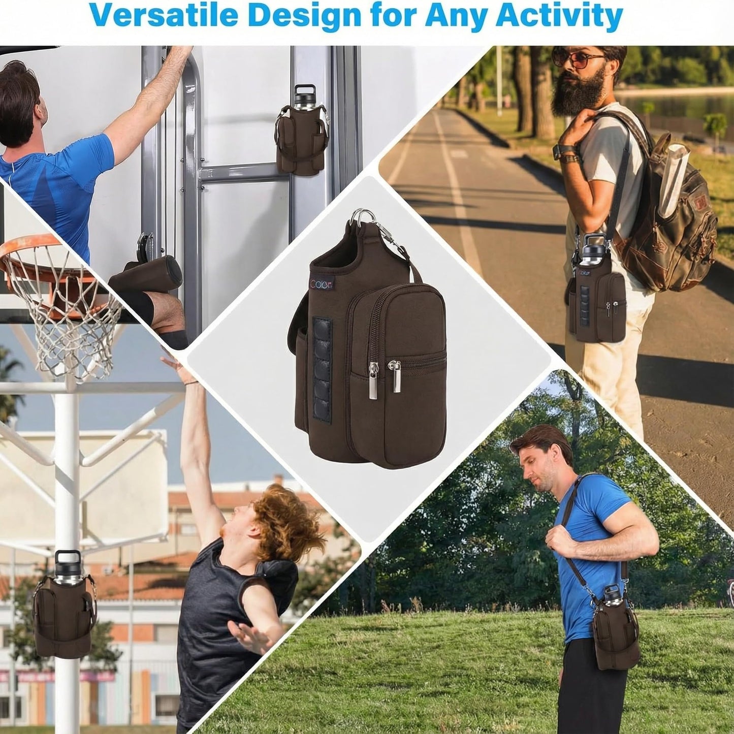 icolor Magnetic Gym Bag Water Bottle Carrier Holder with Phone Pockets & Shoulder Strap,Gym Magnetic Bag 5 Built-in Magnets Gym Accessories Organizer Sling Bottle Bag Pouch Sleeve (Neoprene, Brown)