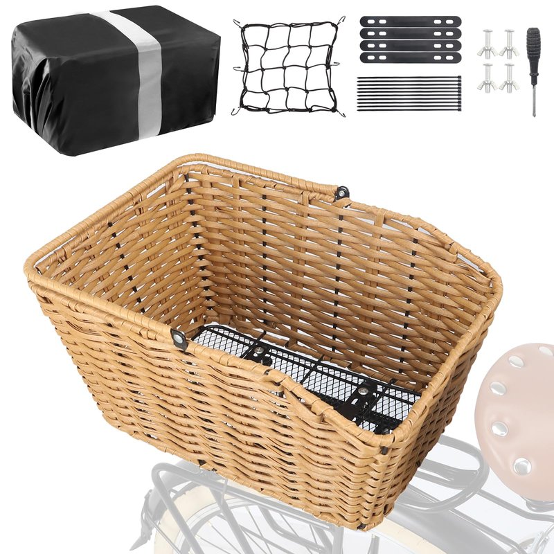 ZUKKA Rear Bike Basket Woven Bike with Waterproof Cover & Cargo Net Tail Basket Large Capacity Bicycle Basket with Installation Tools Fits for Most Rear Bike Racks