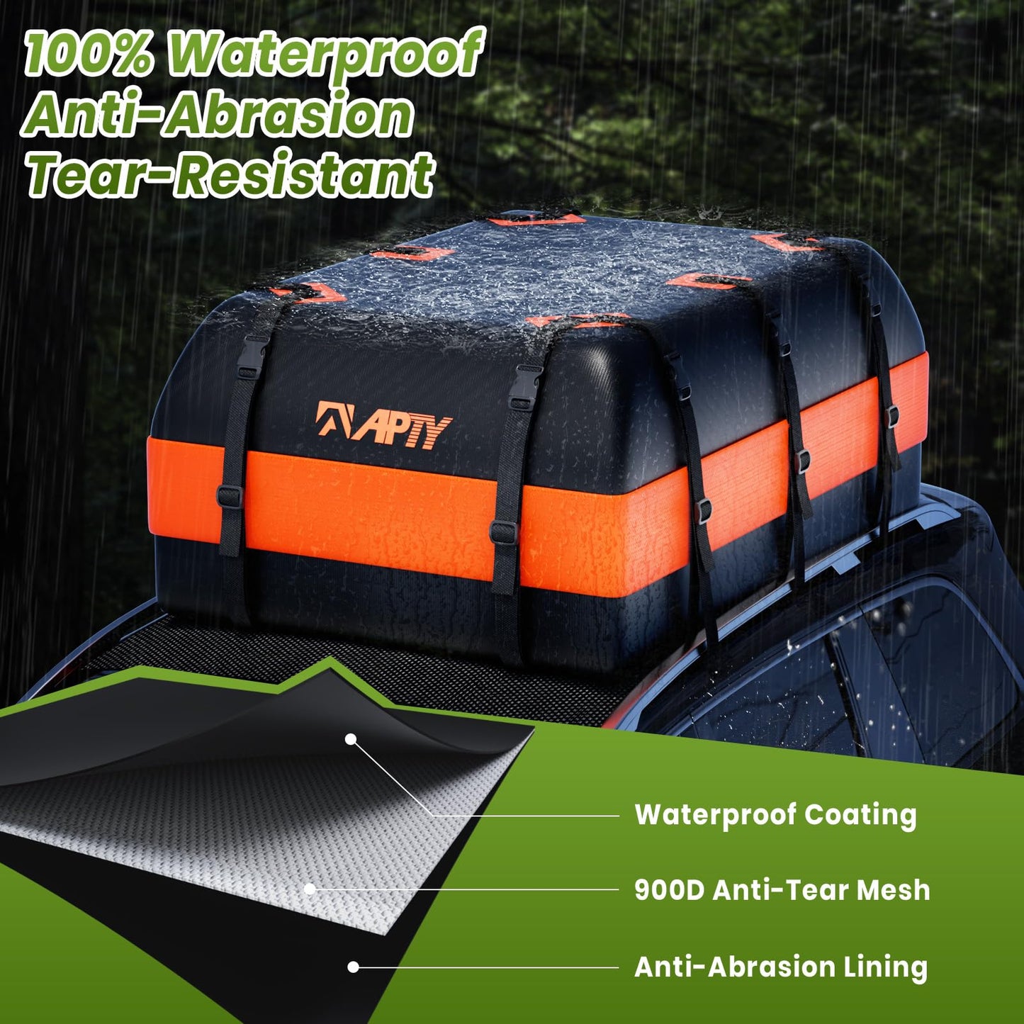 APTY 23 Cubic Feet Car Rooftop Cargo Bag Carrier, Soft Roof Top Luggage Bag for All Vechicles with/Without Racks - with Waterproof Zip, Luggage Lock, Anti-Slip Mat, Storage Bag, Door Hooks