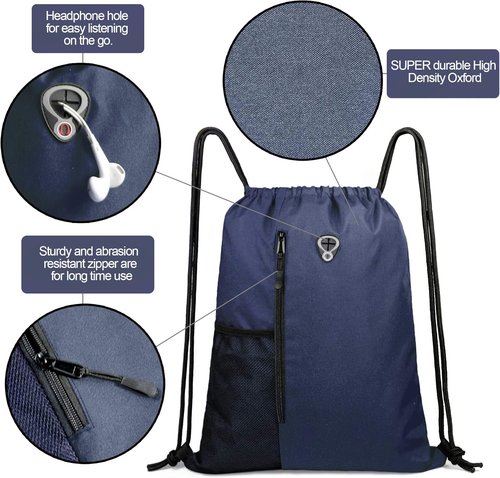 BeeGreen Navy Sports Gym Bag - Large Drawstring Backpack with Zippered Pocket & Mesh Water Bottle Pockets
