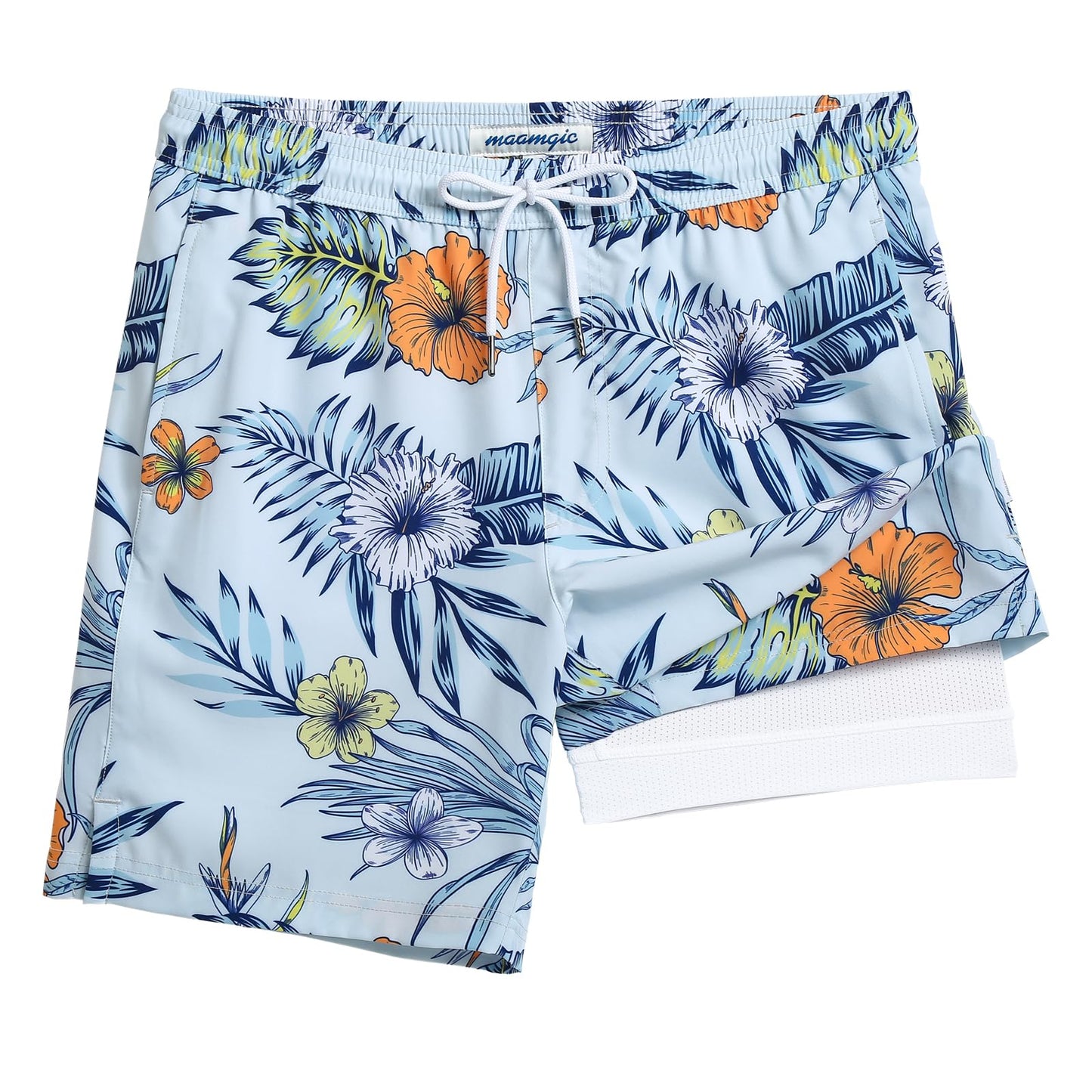 maamgic Mens Swim Trunks with Compression Liner 7 Inch Inseam Mens Bathing Suit Quick Dry Swimming Trunks Swimsuit Plant and Flower White X-Large
