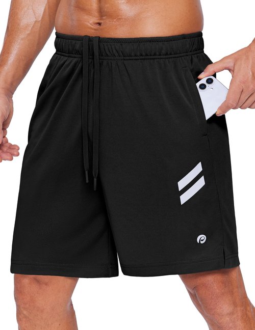 PINSPARK Men's 7 Inch Athletic Gym Shorts, Breathable Quick Dry Workout Running Shorts with Zipper Pockets Black