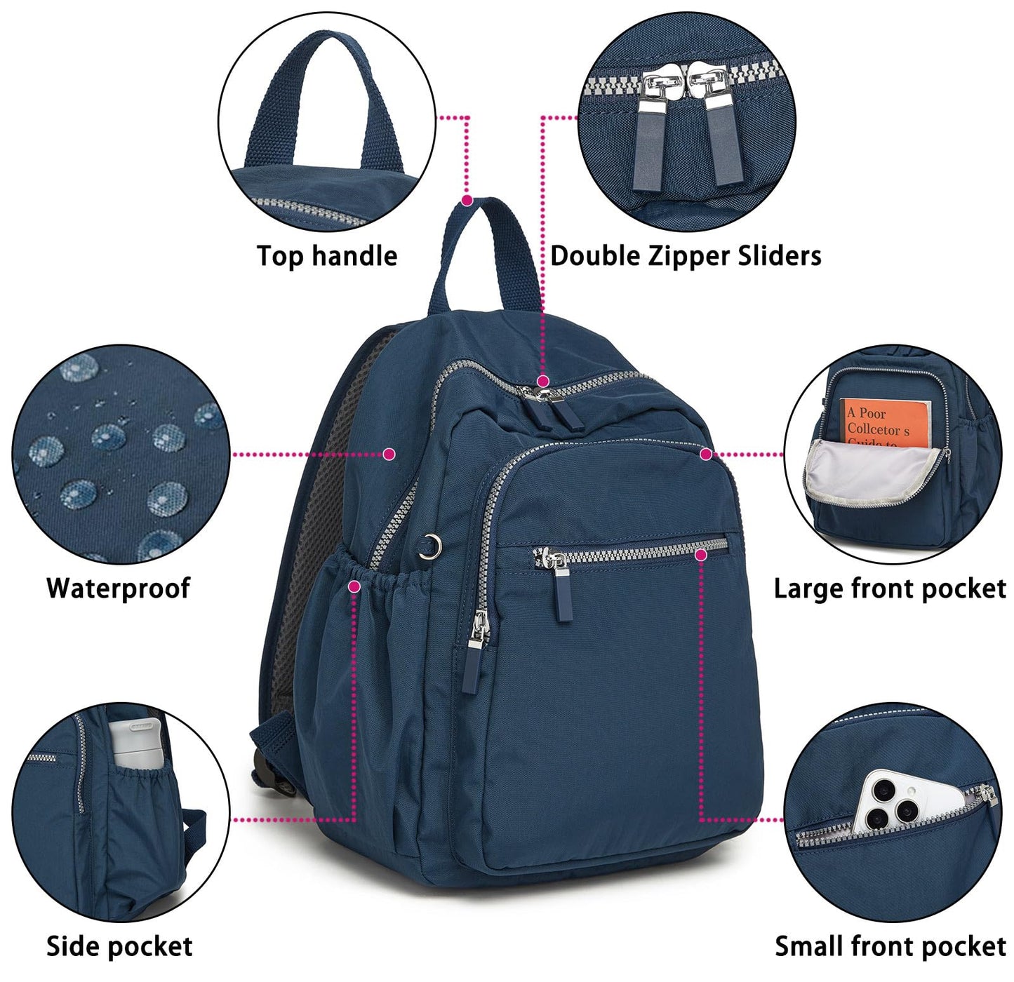 DOKUDOKU Small Nylon Backpack Mini Casual Daypack Lightweight Backpack for Women (NAVY BLUE)