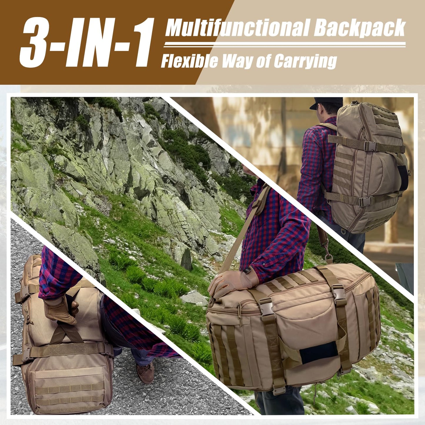 EASY BW 65L Large Travel Gym Duffle Bag Military Tactical Backpack, Army Pack 3 Day Bug Out Bag Rucksack for Outdoor Sport Hiking Camping with Molle System, Coyote