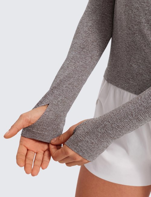 CRZ YOGA Seamless Long Sleeve Shirts for Women Waist Length - Workout Athletic Running Gym Yoga Tops Crewneck Breathable Hot Fudge Brown Heather Medium