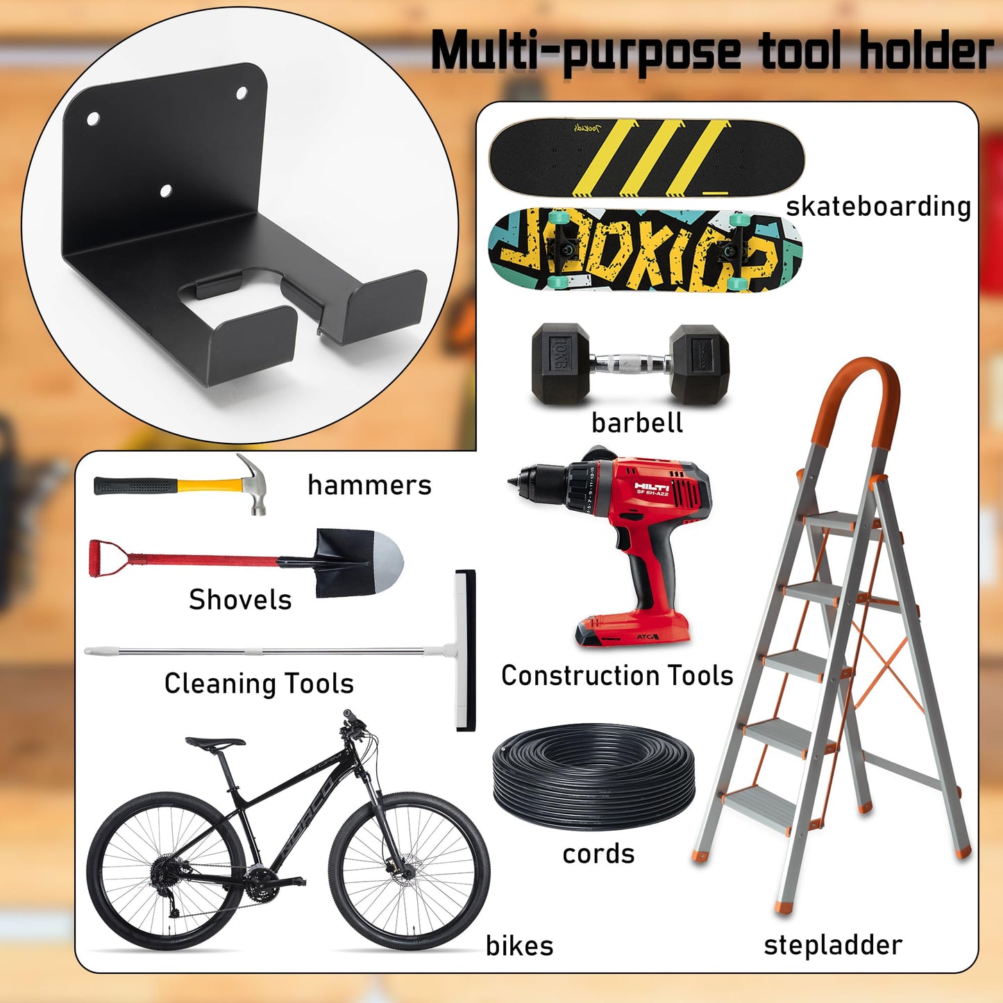 ITHWIU Weedeater Hanger, 1 Pack Weed Eater Hanger for Garage Wall-mounted Organizer Trimmer Rack Storage for Grass Trimmer, Hedge Trimmer, Garage Wall, Garden Tools, Black