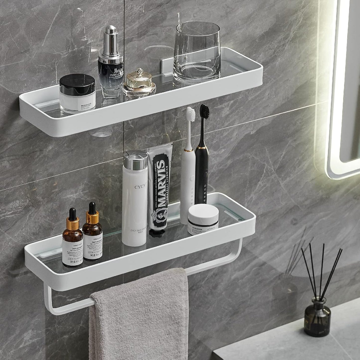 Wall Mounted Glass Bathroom Shelves - 2-Tier Floating Organizer in Black